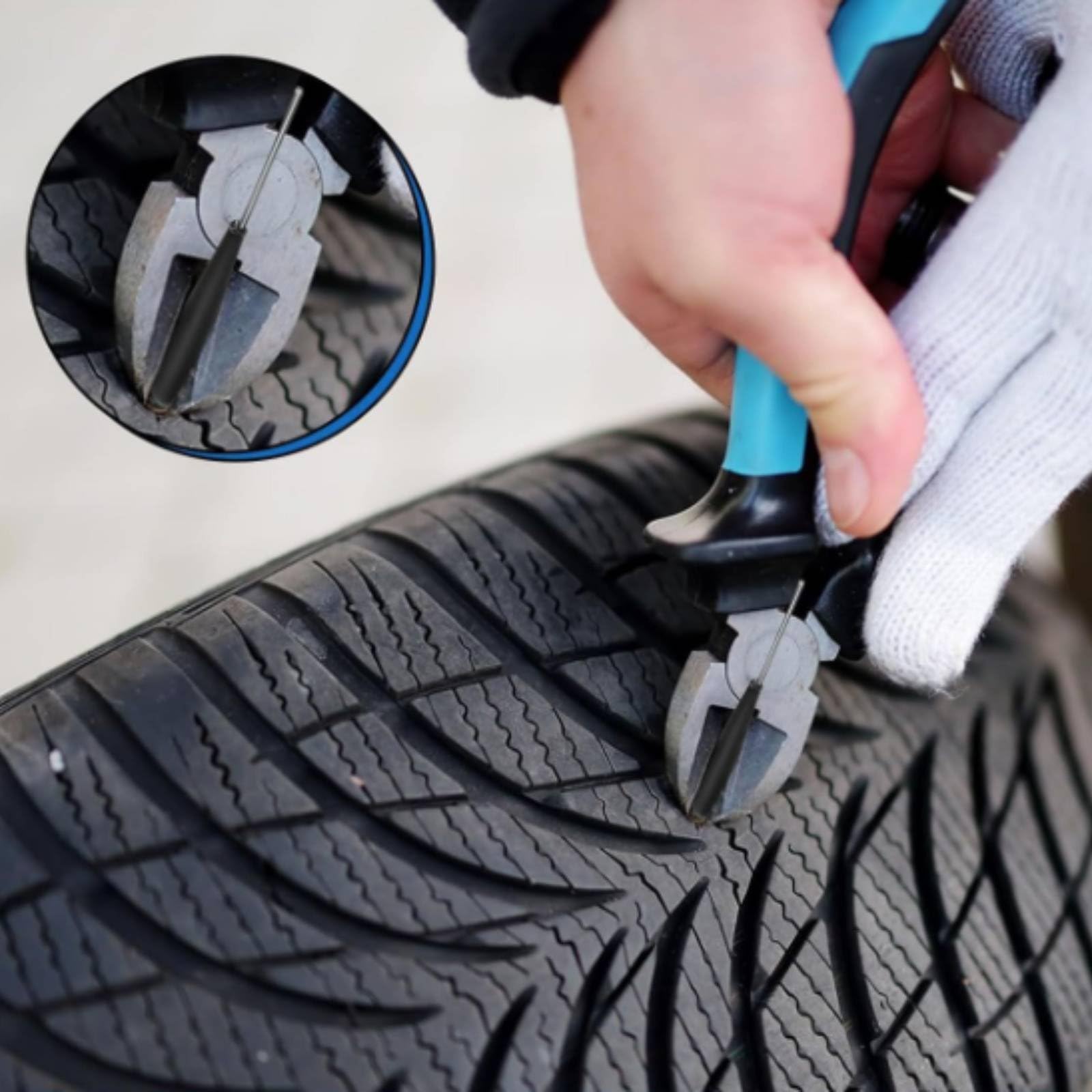 Equipo de Reparación de Neumáticos Kit de Tapones Tubeless Herramienta de Inserción en Acero Inoxidable Parches de Goma Engrosados con Estuche