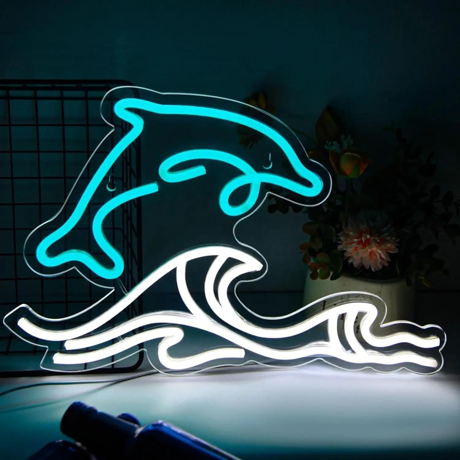 LEMST Sign Lamp Dolphin Neon Sign Dimmable Energy-Efficient Night Light for Bedroom Cafe Man Cave Beach Decor Wall Decor 42cmх27cm