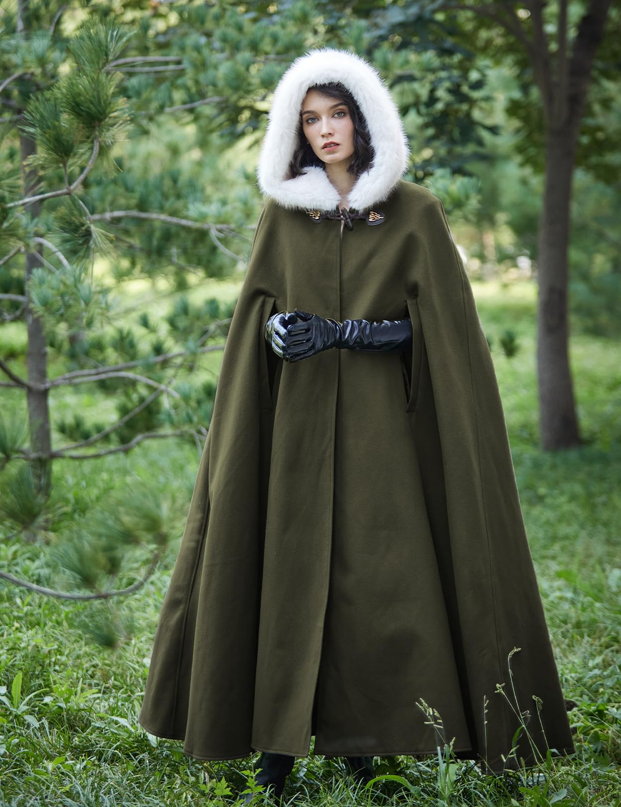 BEAUTELICATE Women Hooded Cape Coat Long Wool Cloak With Hood Vintage Overcoat Plus Size for Winter Wedding Bride Medieval Halloween Christmas Cosplay Costume 140cm - Image 4