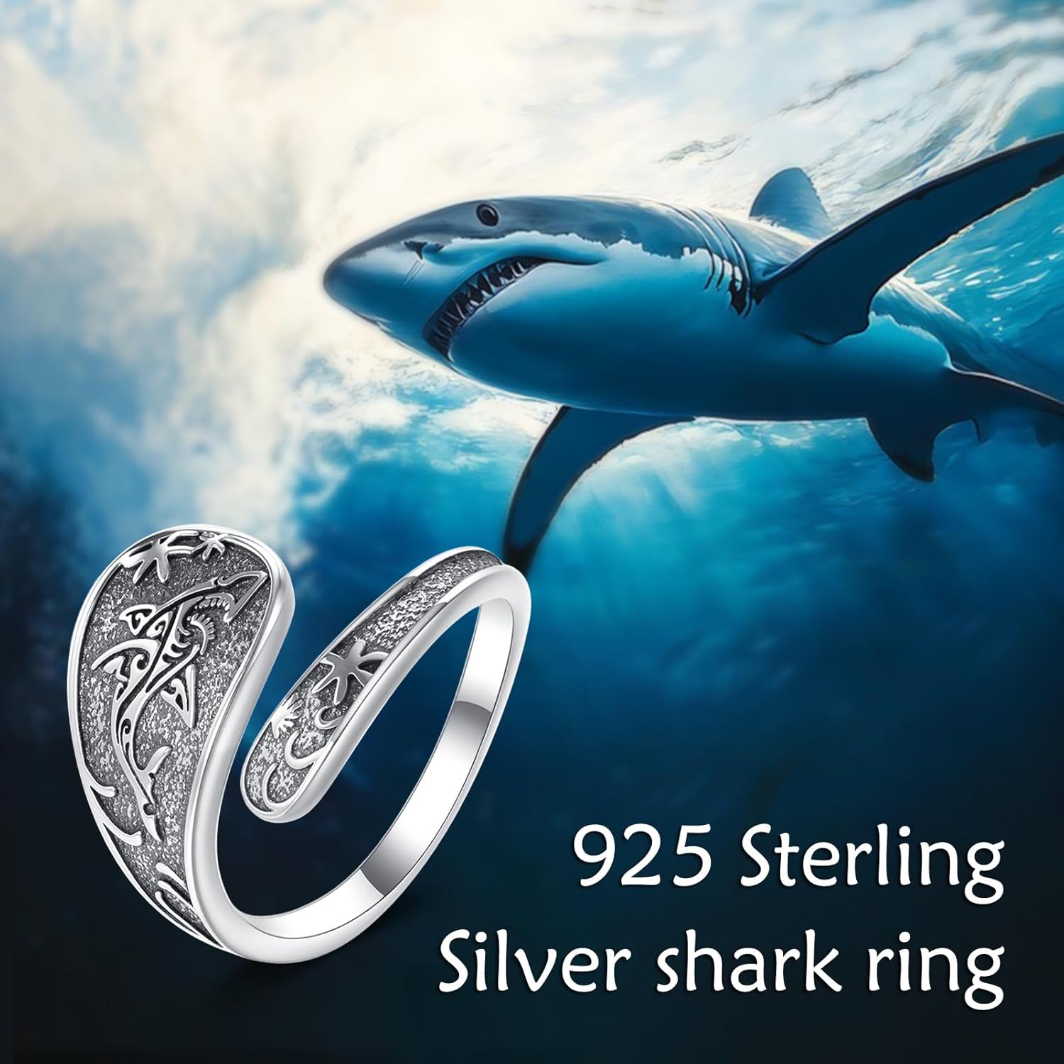 Shark Rings for Women 925 Sterling Sliver Spoon Adjustable Ring Fish Shark Gifts Jewelry for Women Friend