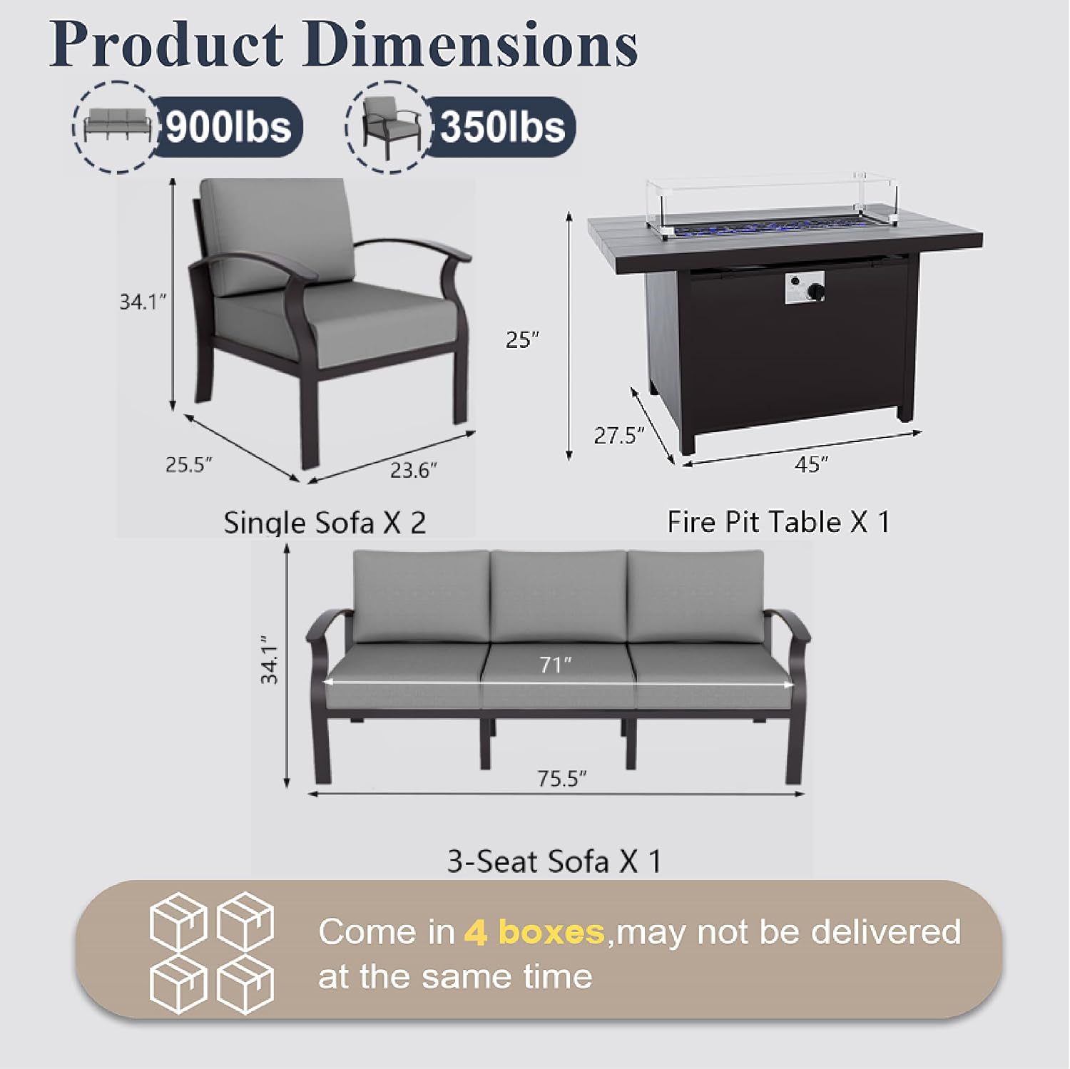 ALAULM Aluminum Patio Furniture Set with Propane Fire Pit Table 5-seat Metal Outdoor Furniture w/Fire Pit Sectional Sofas w/5.1" Cushions for Patio, Backyard, Poolside-Grey