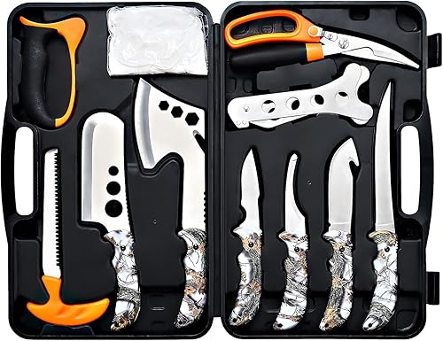 KNINE OUTDOORS Juego de cuchillos de caza de ciervo, kit de aderezo portátil, juego de procesador de juego de carnicero, 12 piezas