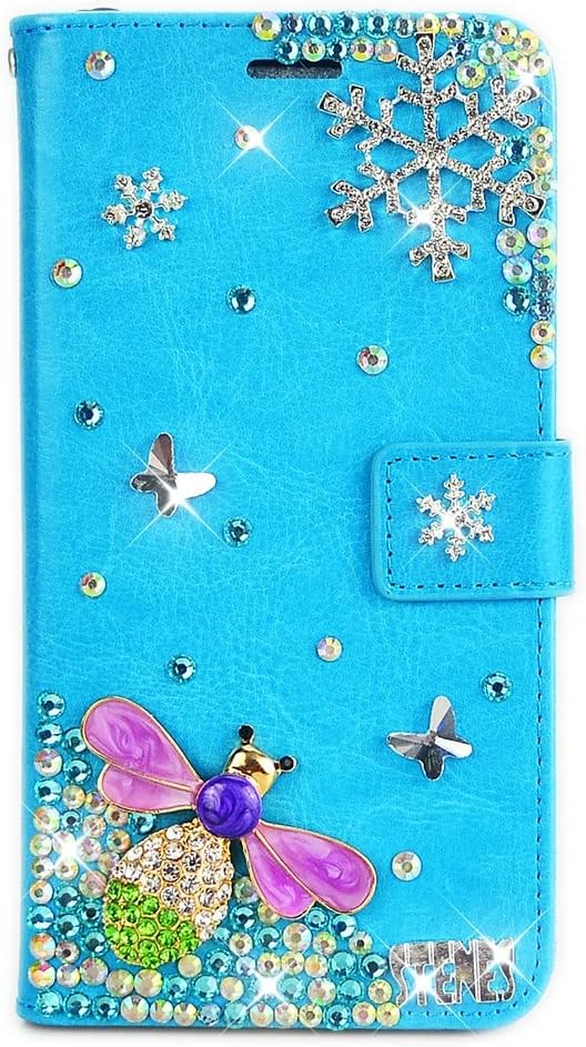 STENES Bling Wallet Case Compatible with iPhone 11 - Stylish - 3D Handmade Dragonfly Snow Butterfly Glitter Magnetic Wallet Leather Cover with Screen Protector & Cable Protector - Blue