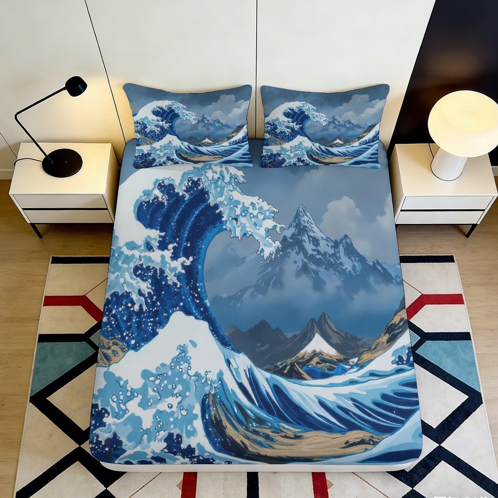 Pnayamiorkfel Style-3 3D Printed Great Wave Fitted Sheet Microfiber Artistic Mountain Mattress Cover Anti-Slip Washable For Bedroom Home Decor 90X200x25cm