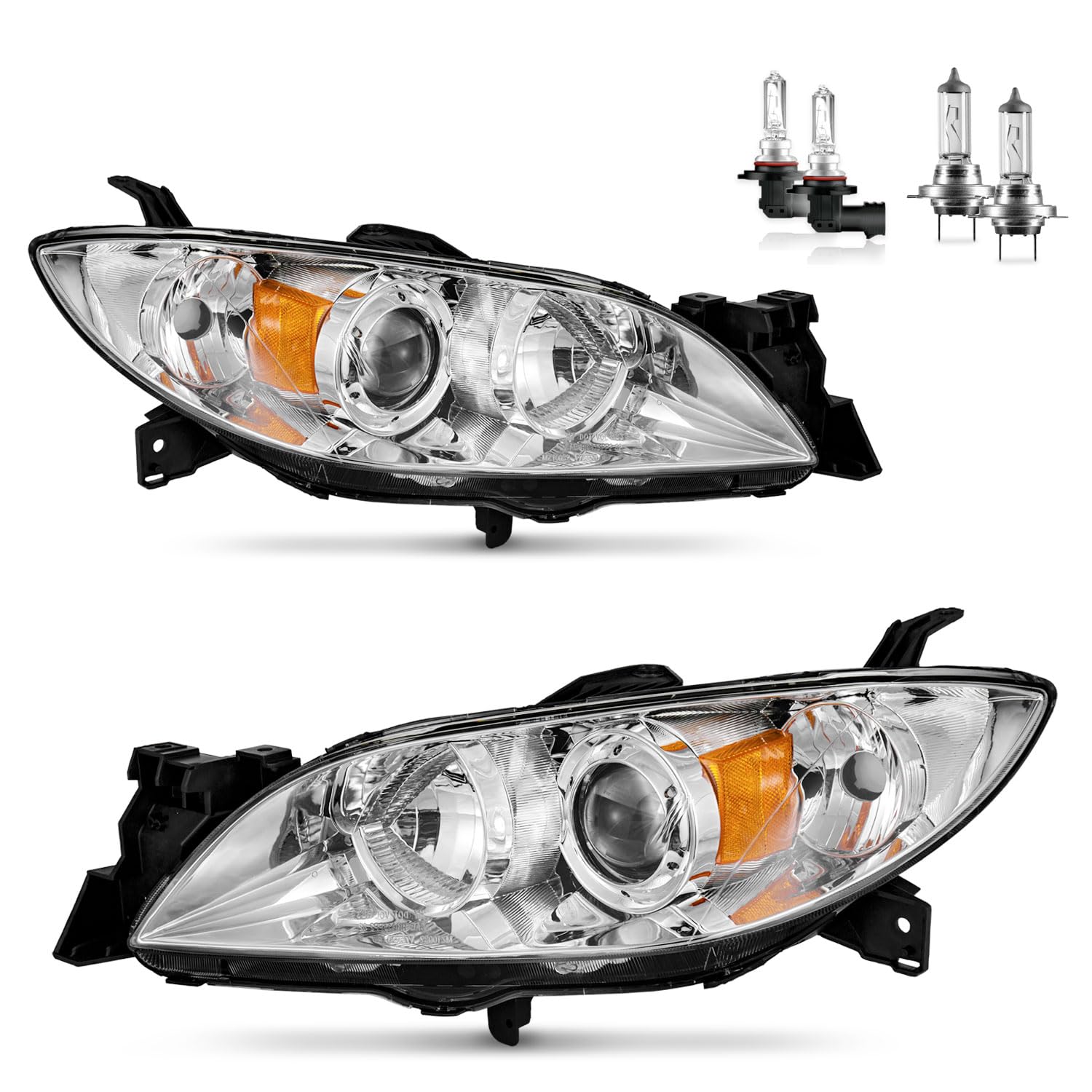 Headlights for 2004-2009 Mazda 3 Sedan Headlamp Replacement, Driver+Passenger Side, Does NOT fit Factory HID Models or Hatchback Models