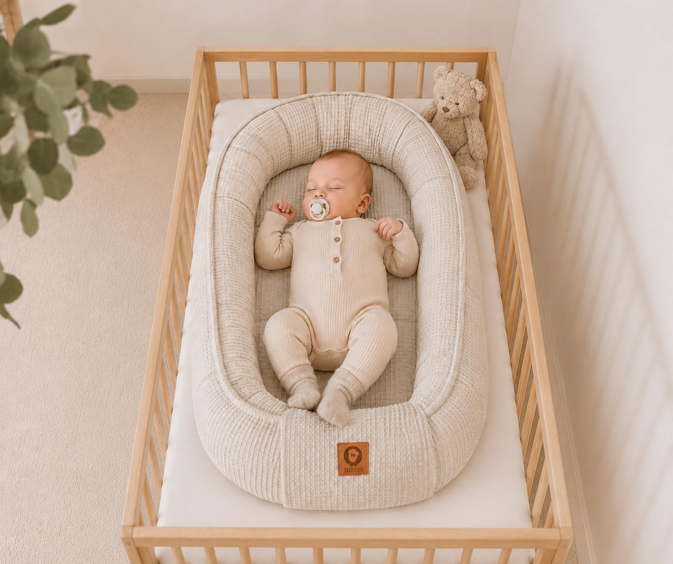 Babynestchen Neugeborene – Babynest aus Waffelpique Baumwolle – Nestchen Baby für Babybett & Kinderbett – Babykokon Tragbar – OEKO-TEX zertifiziert – Zubehör Babybett - Sand Waffelpique