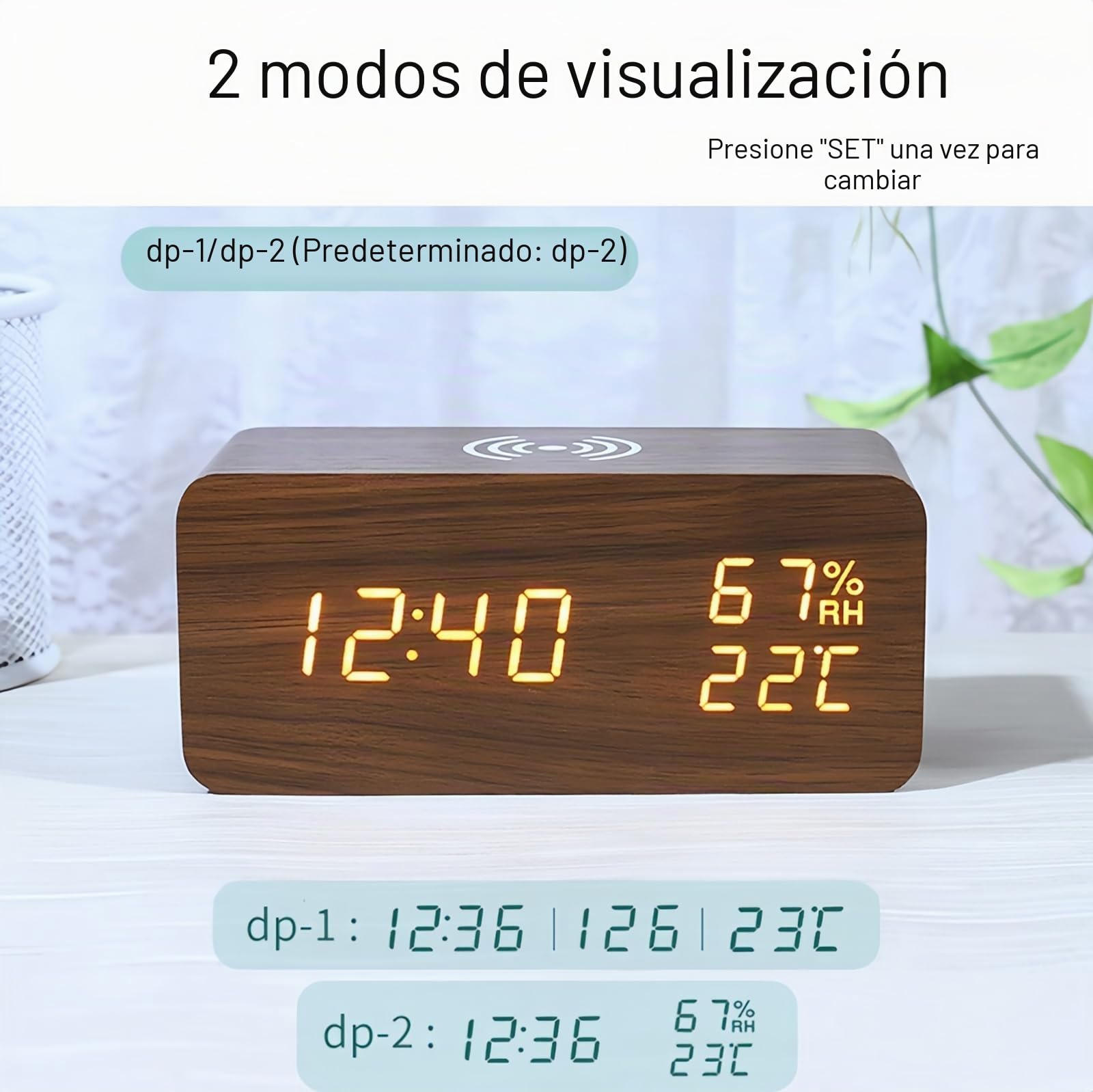 Reloj Despertador Digital con Carga Inalámbrica LED Pantalla de Temperatura y Humedad 3 Alarmas Brillo Ajustable Control de Sonido para Dormitorio Casa Oficina (Marrón)