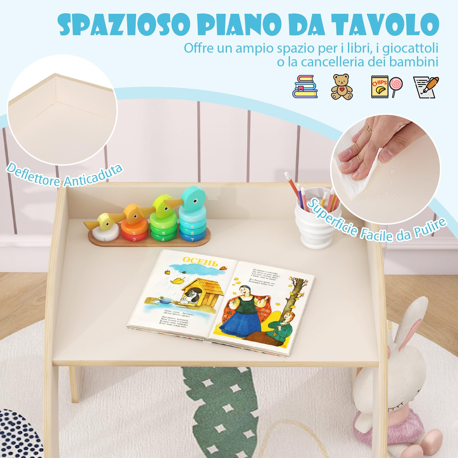 COSTWAY Set Tavolo e Sedie per Bambini 3+ Anni, Tavolino Legno con Sedie per Cameretta con Bordo Curvato e Ampio Piano, Mobile Salvaspazio per Camera da Letto, Soggiorno e Asilo (Bianco)