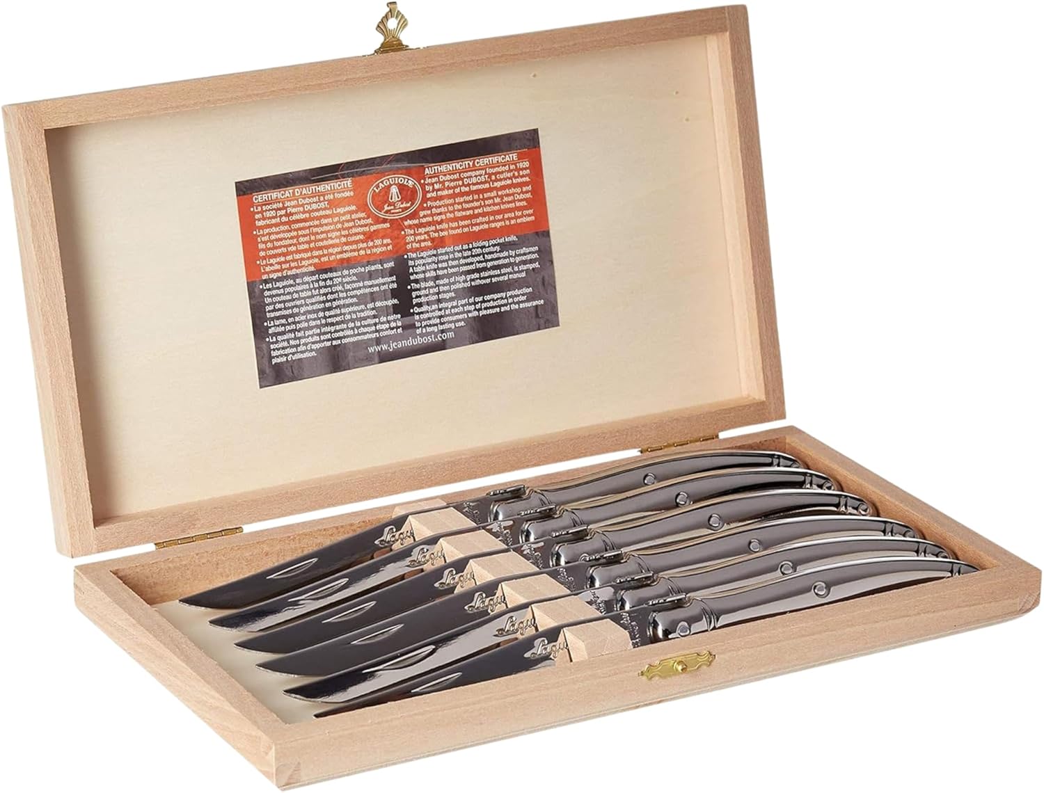 Jean Dubost Laguiole 6-Piece Steak Knife Set, Olive Wood Handles - 1.5 mm Blades - Rust-Resistant Stainless Steel - Includes Wooden Tray - Made in France