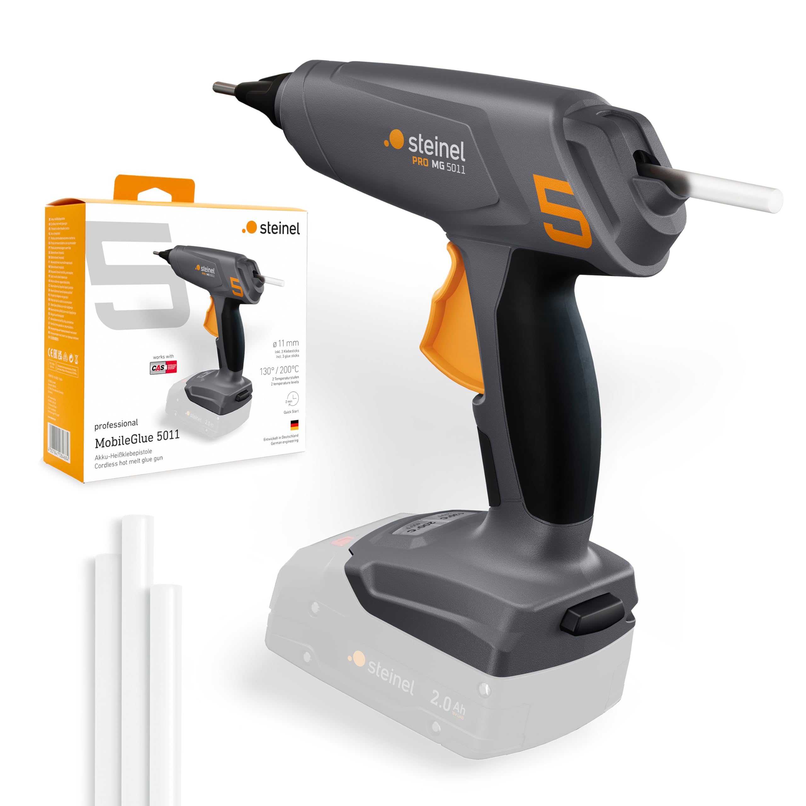 Bezprzewodowy pistolet do klejenia Steinel MobileGlue 5011, system akumulatorów CAS 18 V, w zestawie 3 sztyfty kleju 11 mm, 130°C/200°C
