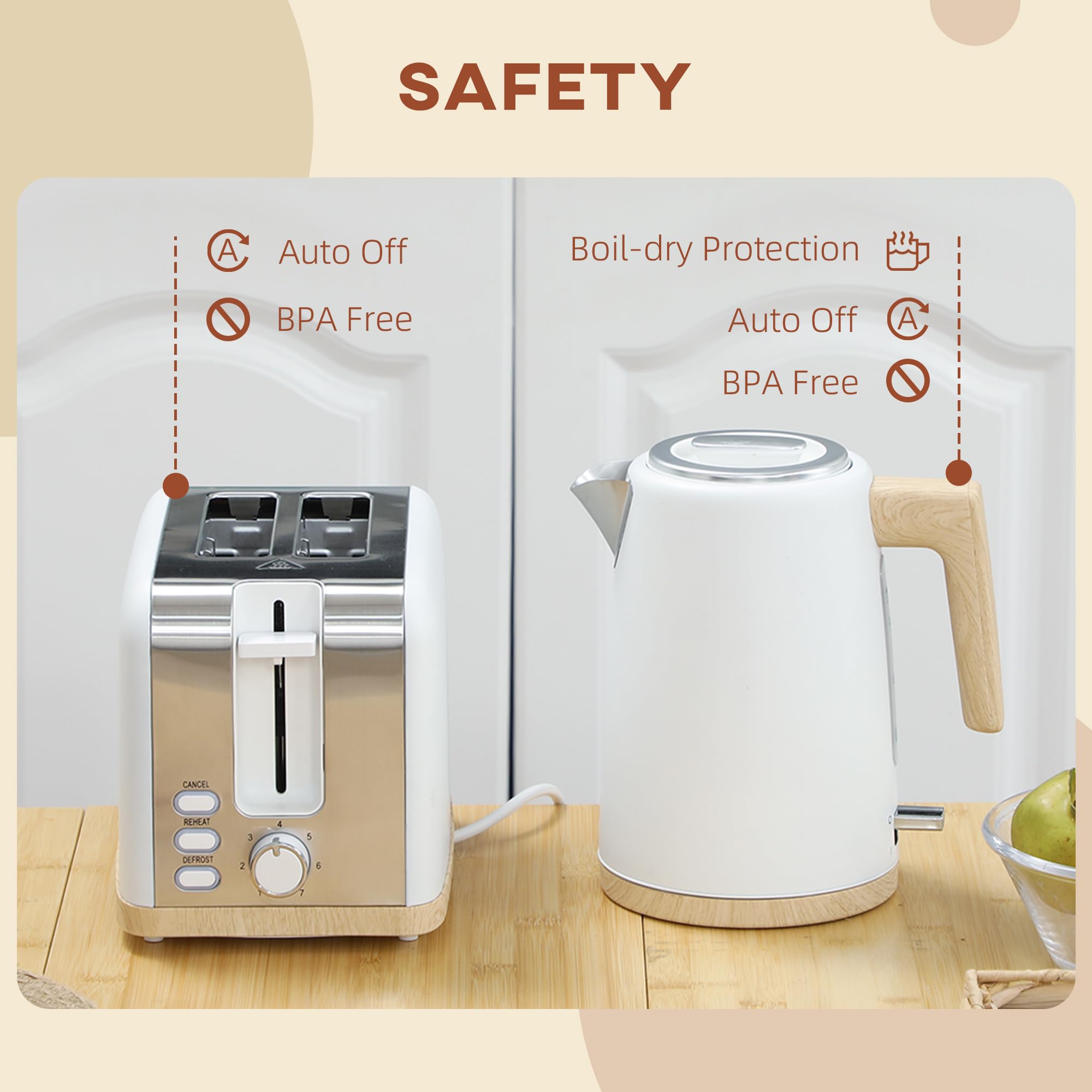 HOMCOM Set bollitore e tostapane 2200W, bollitore a riscaldamento rapido da 1,7 L e tostapane a 2 fette, 7 livelli di doratura - arresto automatico, protezione contro la bollitura a secco, bianco