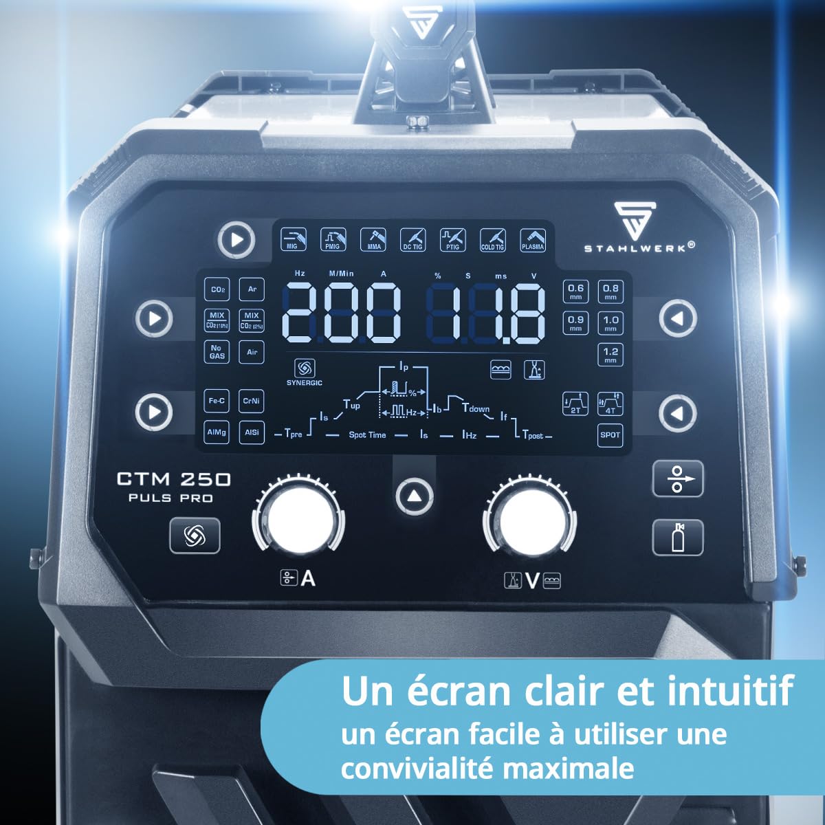 STAHLWERK Poste à souder combiné 6-en-1 CTM-250 Puls Pro – Kit complet – TIG, MIG/MAG, MMA (électrode) & FLUX jusqu'à 200 A, découpeur plasma (CUT) jusqu'à 45 A, dévidage synergique, fonction Pulse
