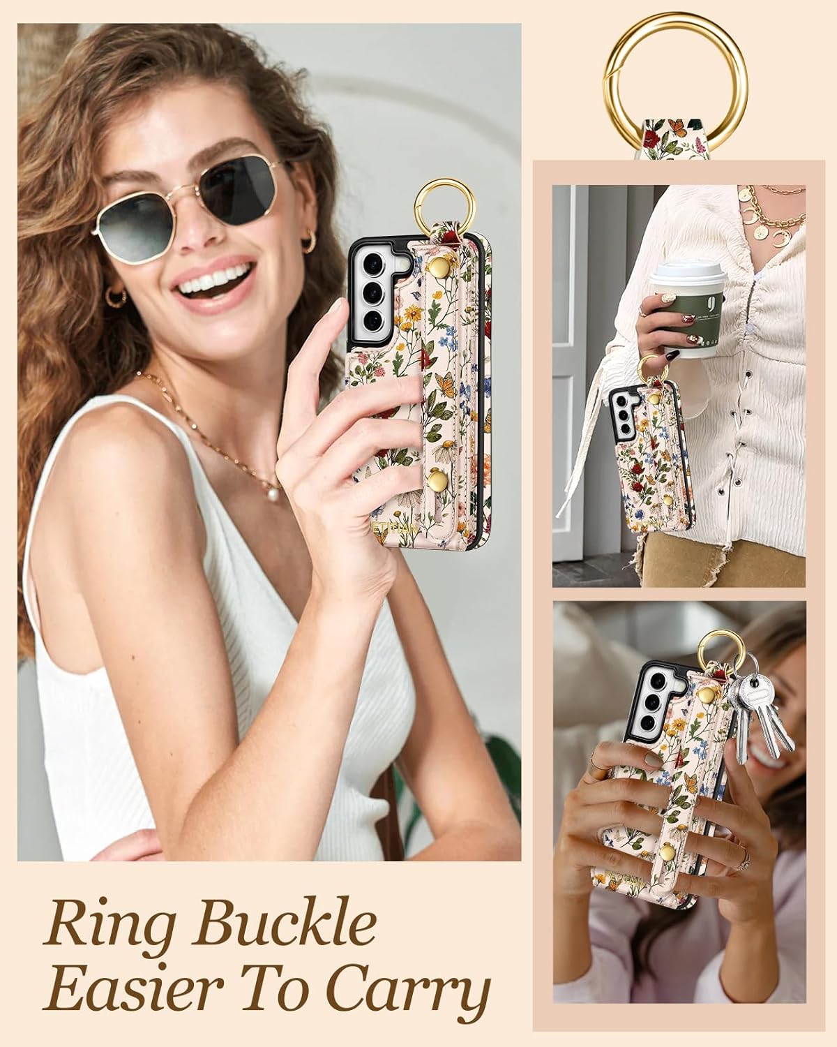 Petitian for Samsung Galaxy S22 Case with Wallet - Women Girls Cute Girly Aesthetic Unique Design Leather Credit Card Holder Cardholder Stand Wristband for S22, Vin Flower - Image 6