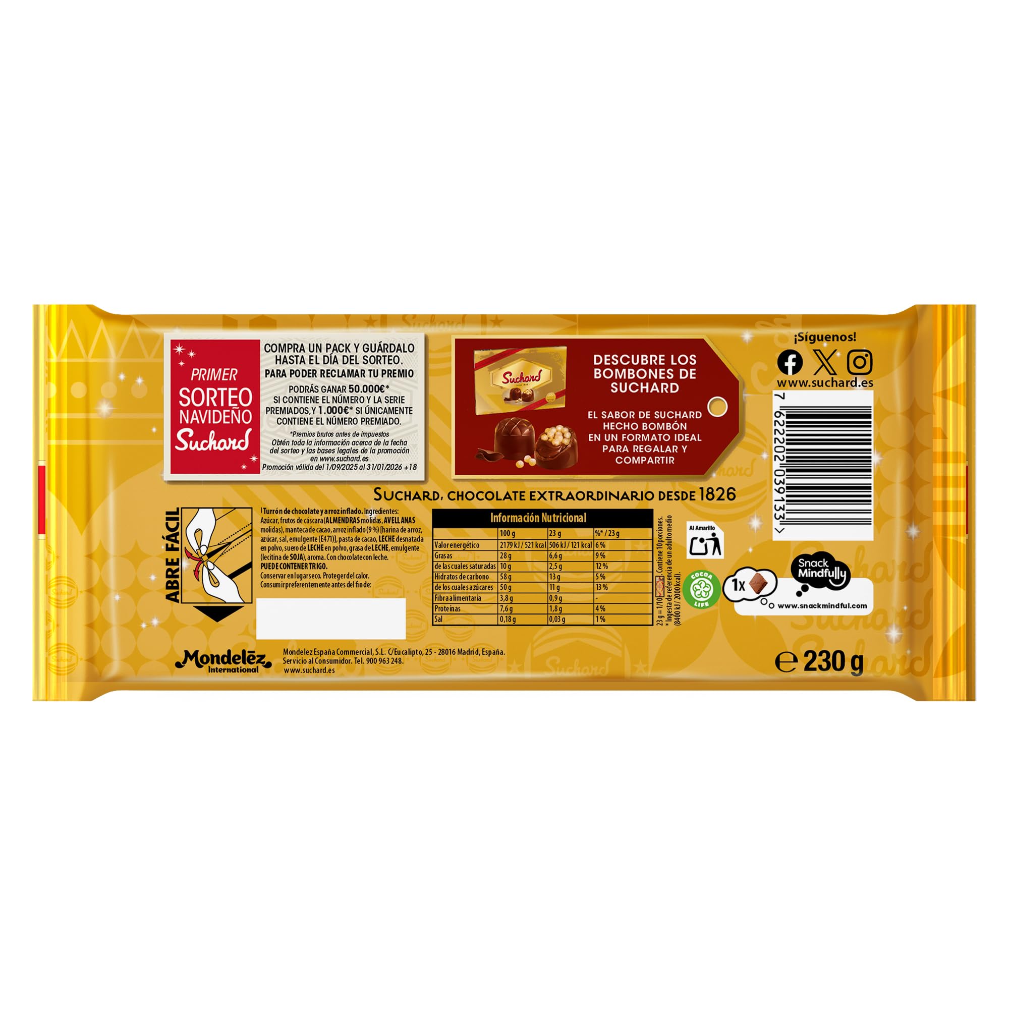Turrón de Chocolate con Leche y Arroz Inflado Suchard 230 g