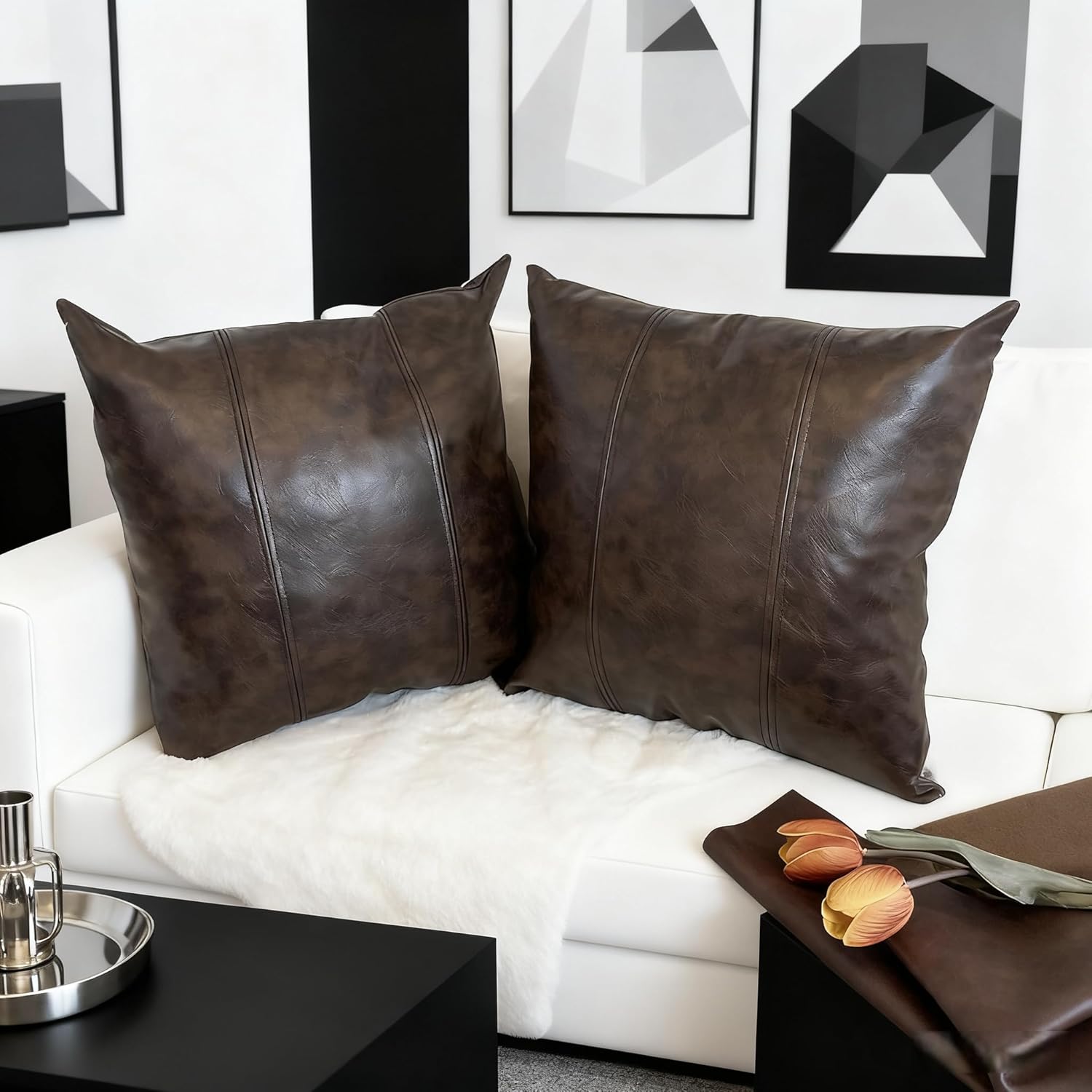 Faux Leather Throw Pillow Cover 18X18 Inch Set of 2 Outdoor Modern Farmhouse Solid Decorative Pillow Covers for Room Couch Living Bedroom Bed Sofa