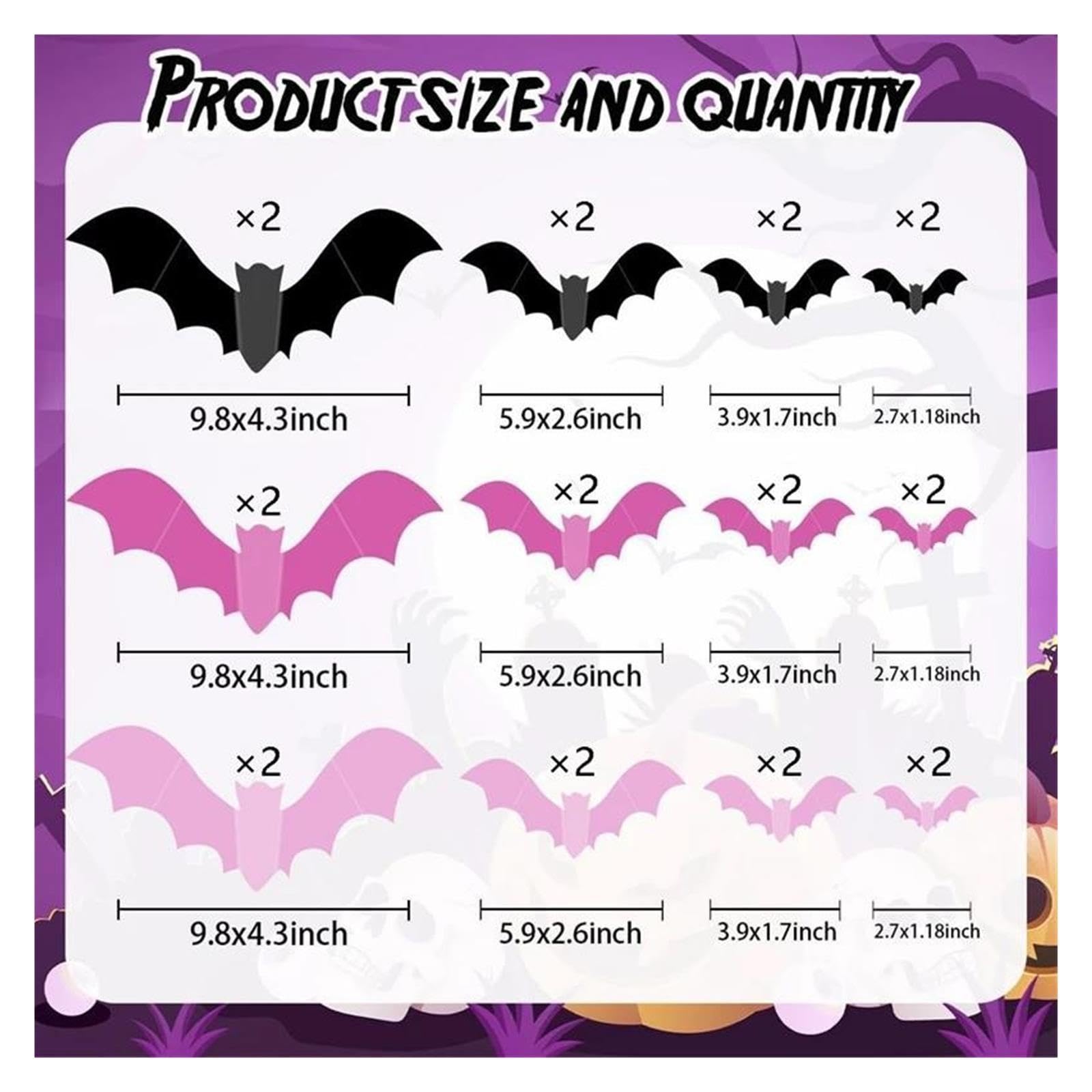 Adesivi 3D Pipistrelli Rosa Nero 48/96/192 Halloween Decorazione Finestra