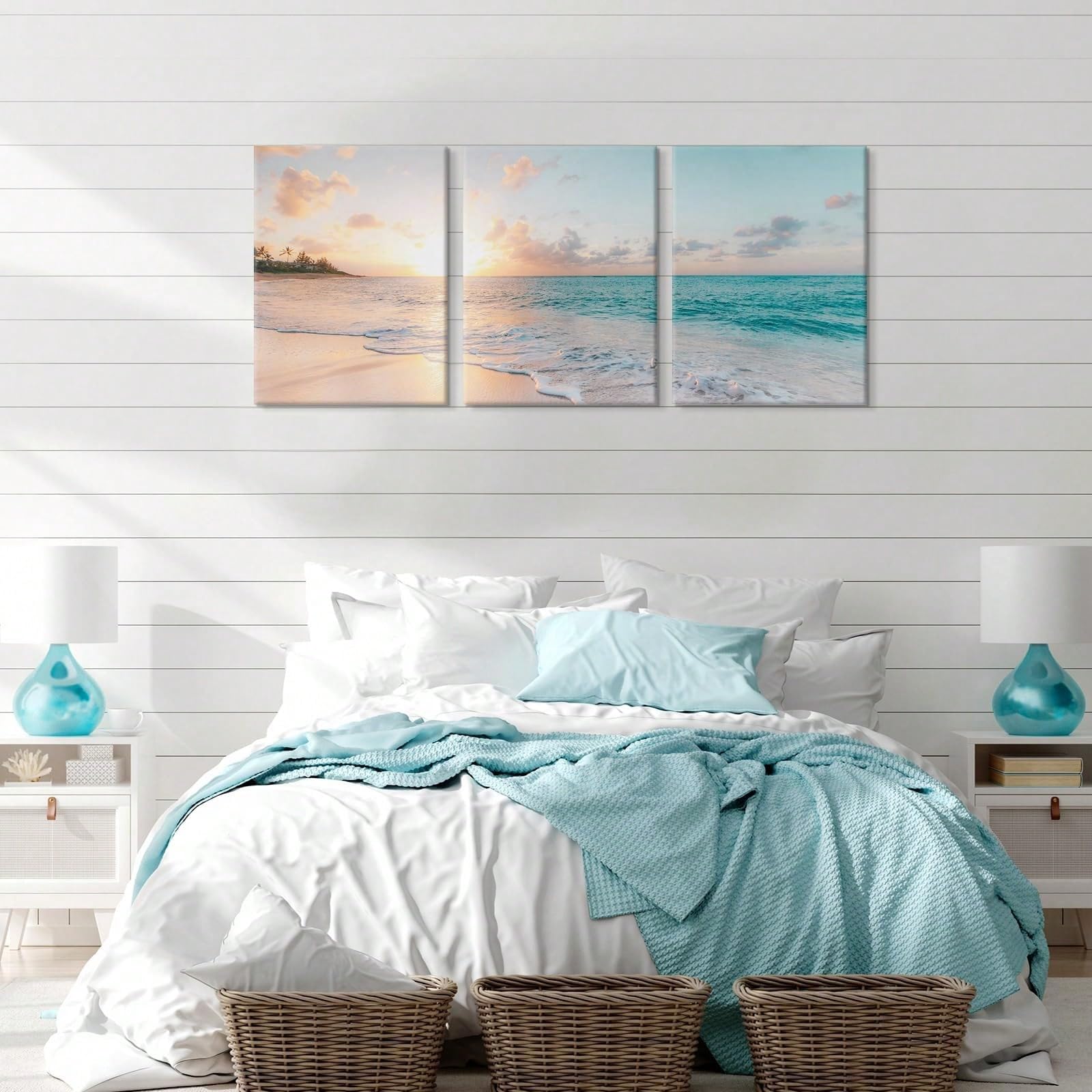 TZKBDMA 3-Piece Ocean Beach Sunset Canvas Wall Art - Modern Farmhouse Style Decor Pictures, Painting For Living Room(50x70cmx3/Without frame)