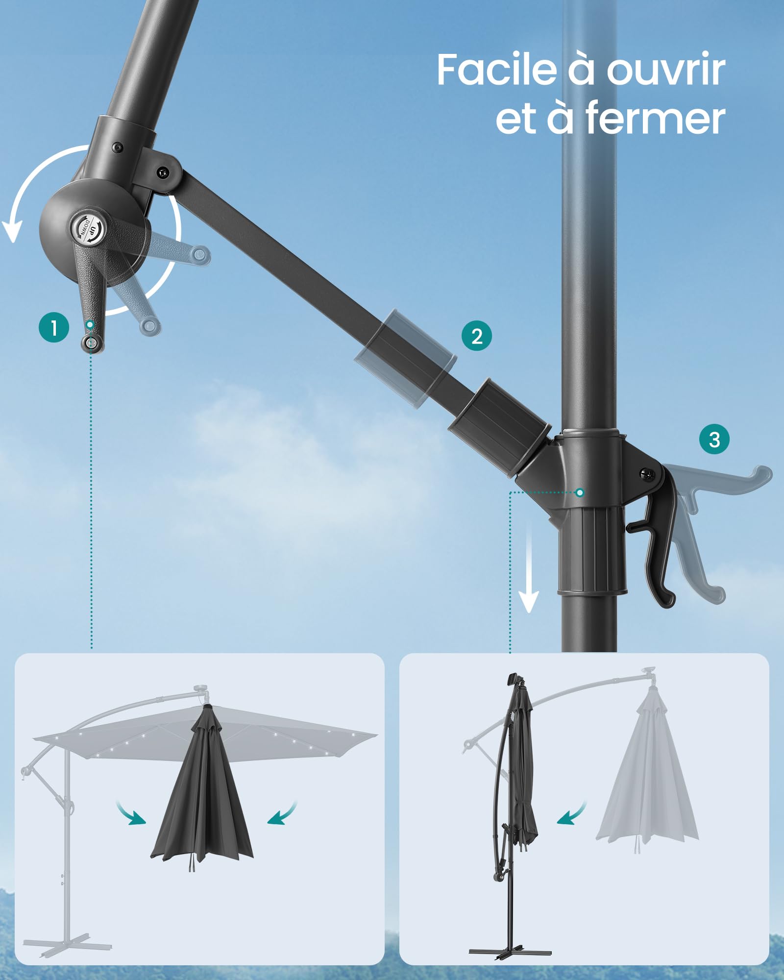 SONGMICS Parasol Déporté avec 32 LED, Socle en Croix, Ombrelle, Protection UPF 50+, Manivelle d'Ouverture et de Fermeture, Jardin, Terrasse, Piscine, Plage