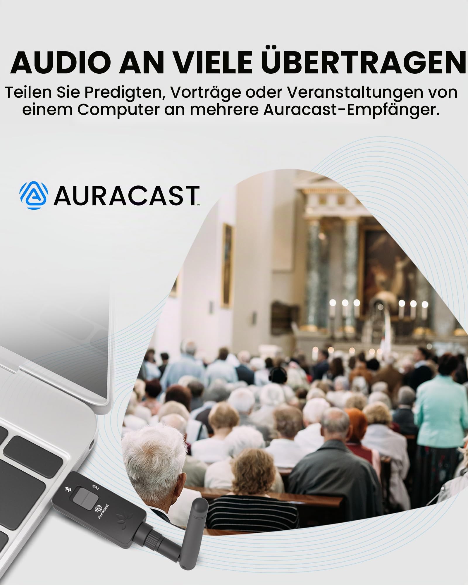 Avantree DG60 Aura - Auracast USB-Adapter mit großer Reichweite | Auracast und Bluetooth 5.4 in einem Adapter; Qualcomm aptX Adaptive, Firmware-Updates und One-to-Many-Audio vom PC