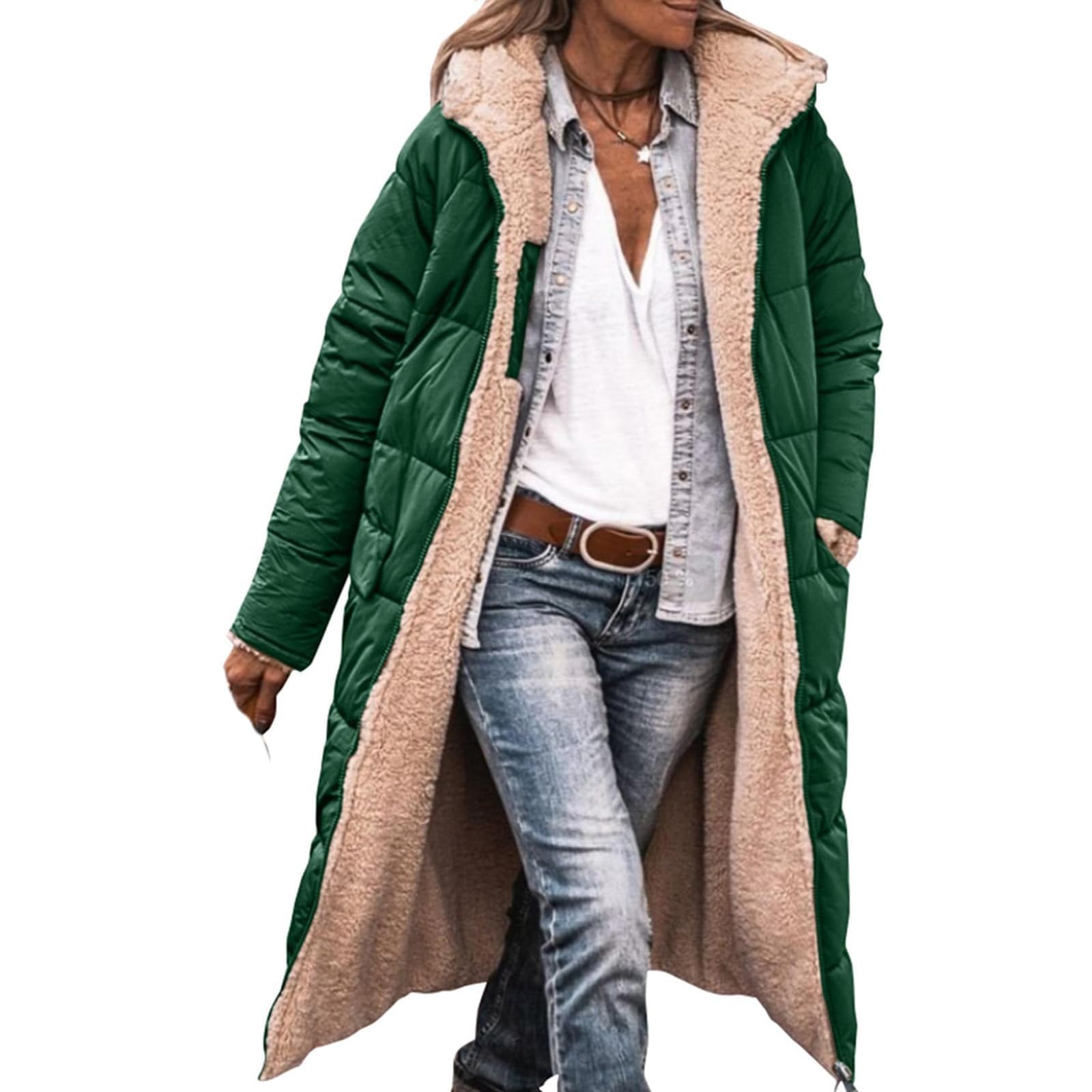 Vestes d'hiver doublées en polaire pour femme - Manteau long à capuche coupe-vent avec poches - Coupe ajustée - Trench à manches longues - Chaud - Pour l'extérieur, la randonnée, la marche en plein