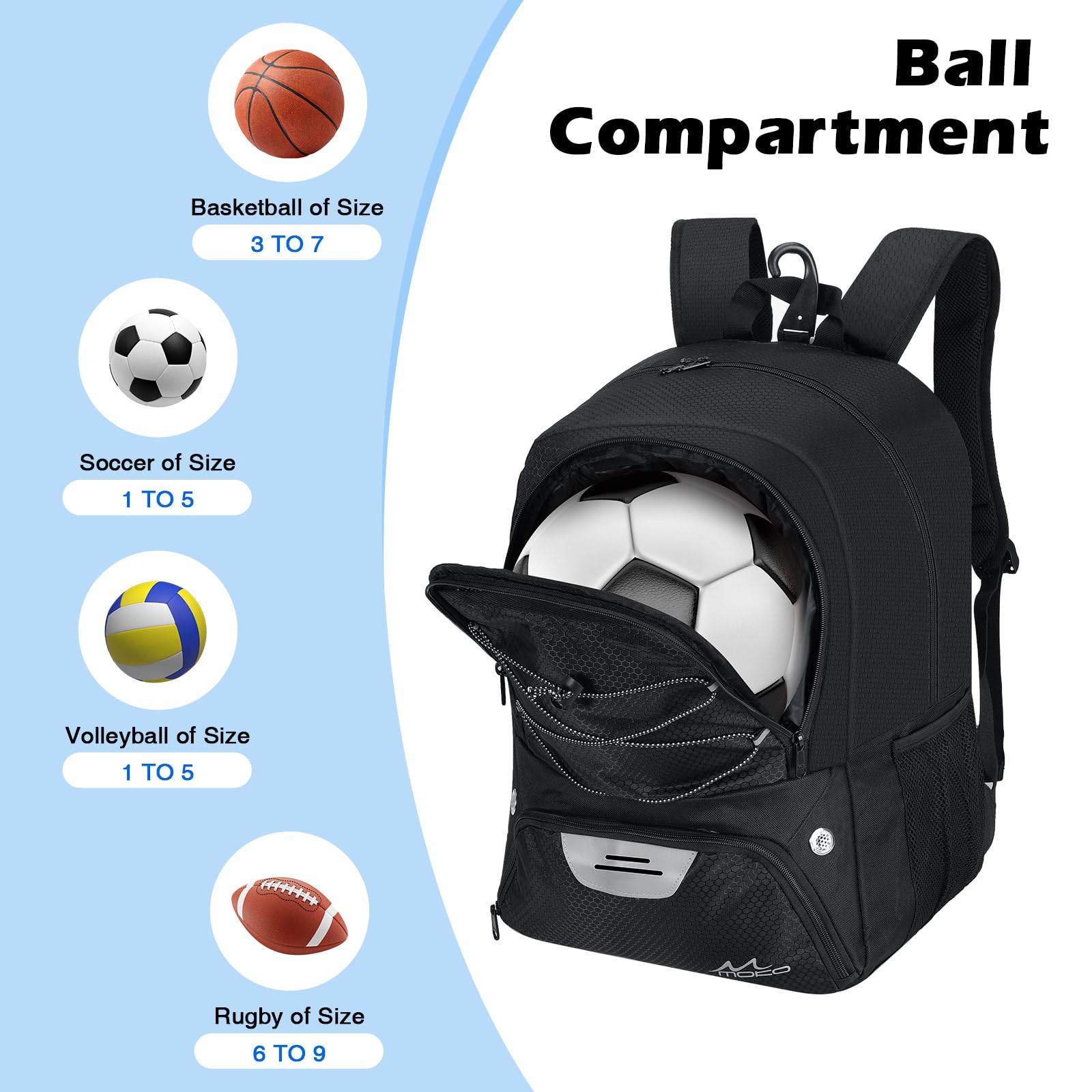 MoKo Soccer Bag Backpack, sac à dos de basket-ball pour hommes et femmes avec compartiments séparés