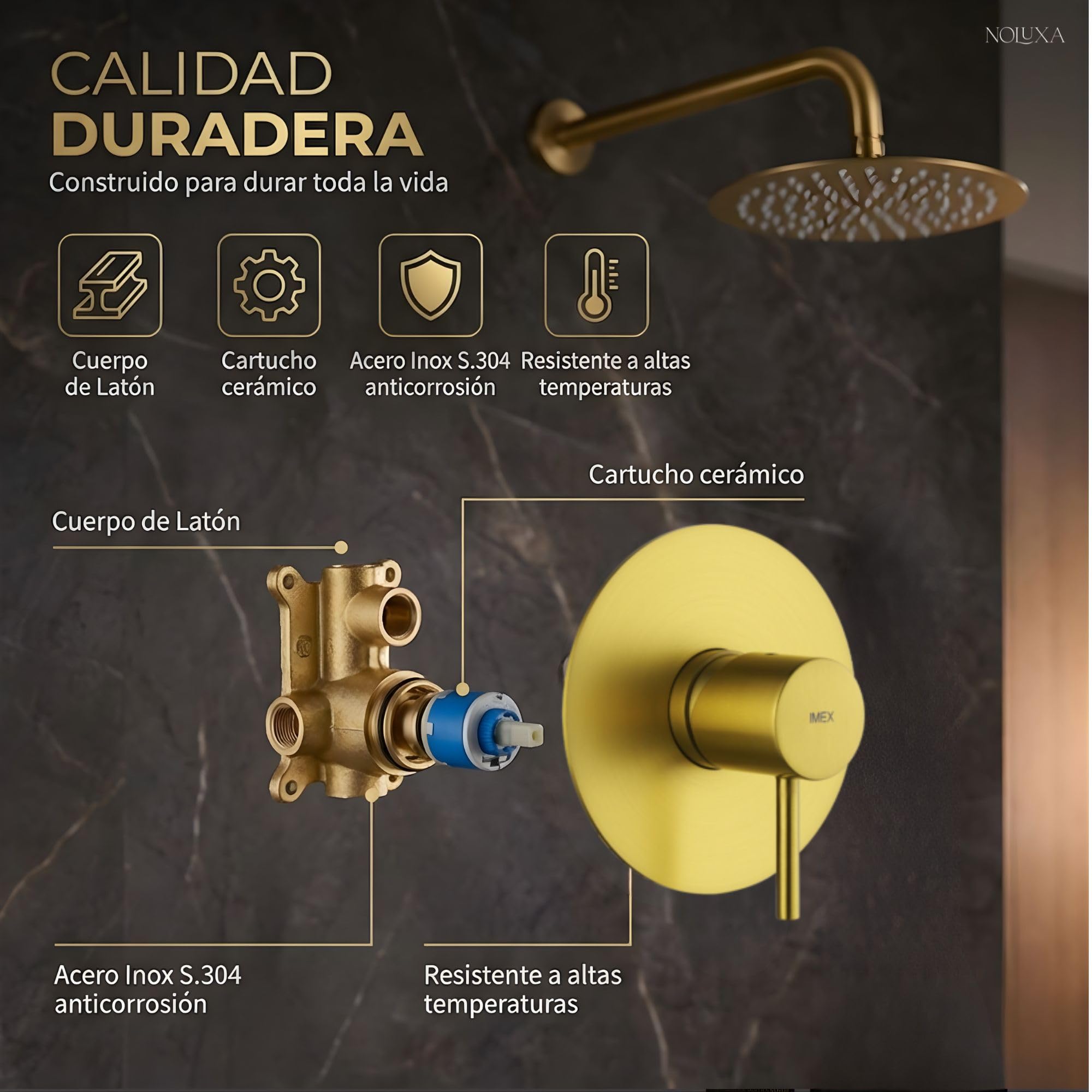 IMEX - Ducha Empotrada Oro Monomando | Conjunto de Grifería Empotrado con Rociador Antical Efecto Lluvia Dorada | Columna Ducha Empotrada con Grifo en Latón y Acero Inox S.304 (SIN ALCACHOFA)