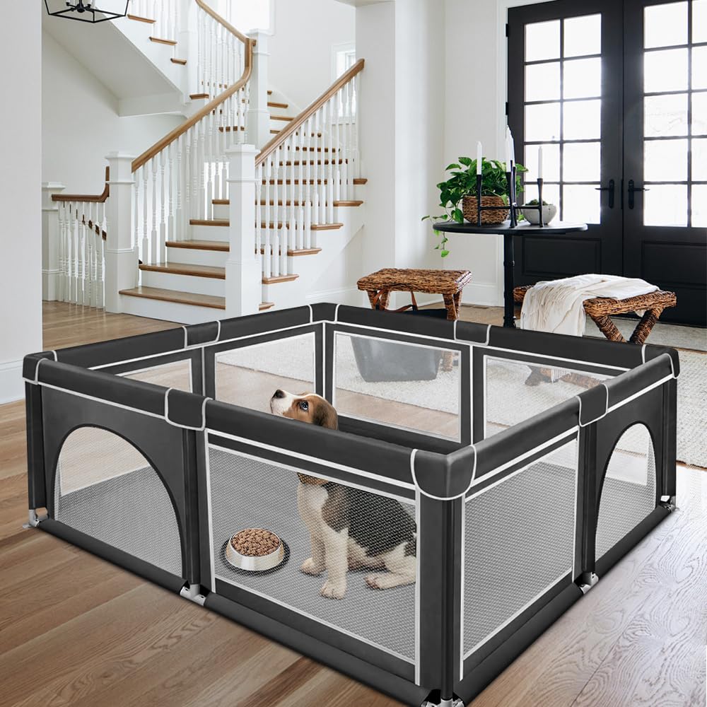 Parque para cachorros con puerta, parque para cachorros o perros pequeños, valla sólida de tela gruesa y malla de nailon de alta resistencia, lavable a máquina, interior y exterior, 180 x 150 x 66 cm