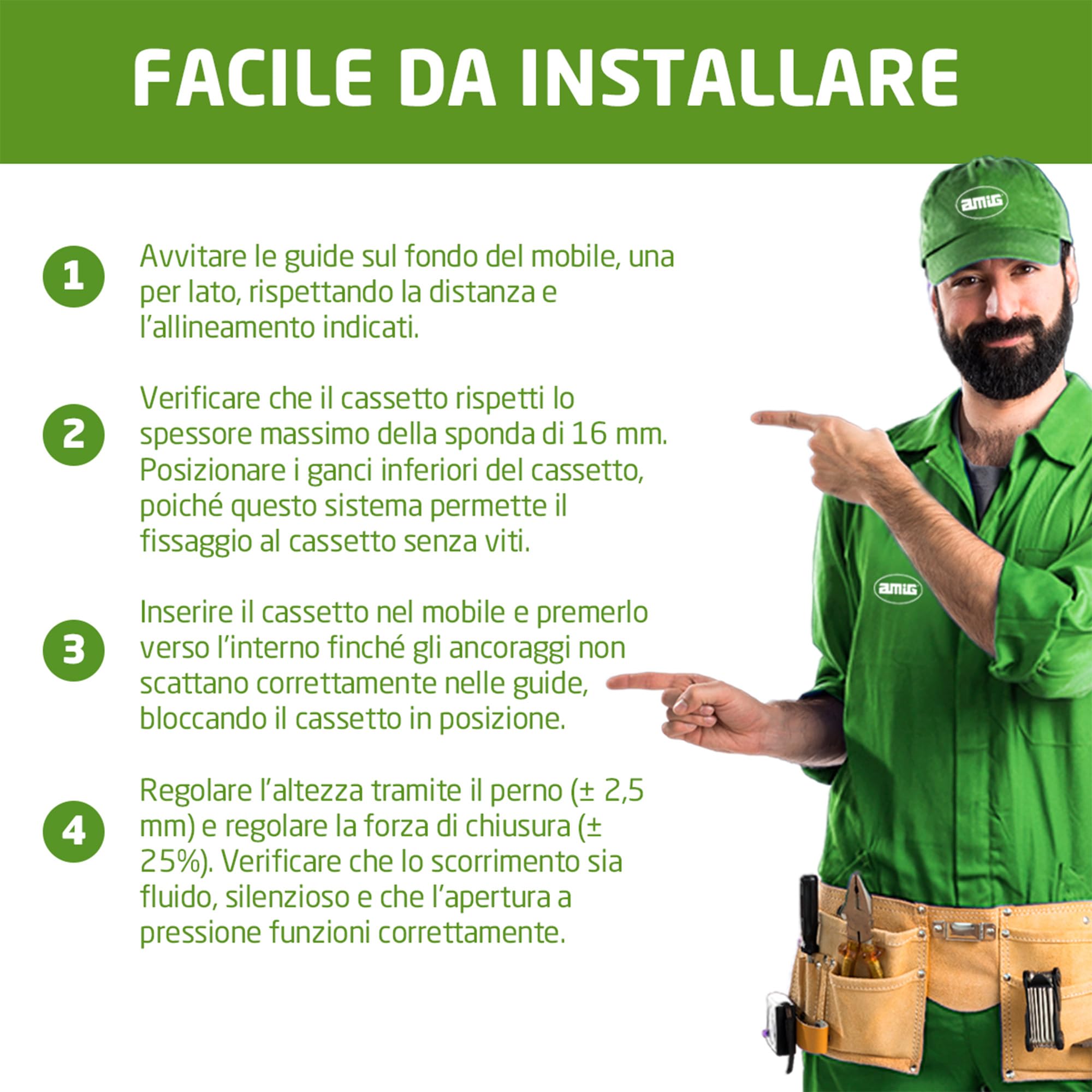 Amig - Set di 2 guide scorrevoli Mod.45 in acciaio zincato per cassetti di mobili cassettiere o armadi di estrazione totale autobloccante e apertura poush, resistenza: 25 kg/coppia: 300 mm, argento