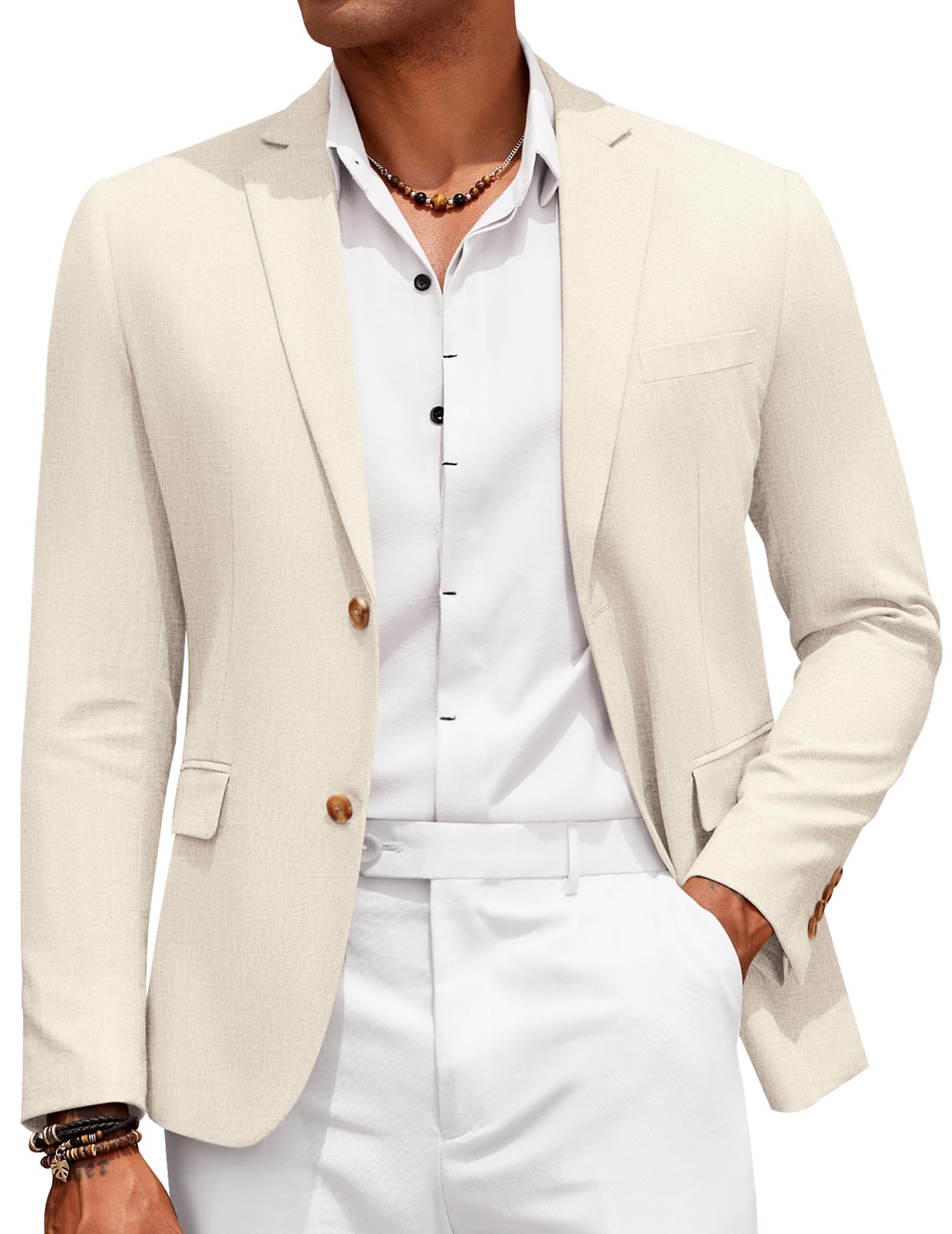 Photo 1 of COOFANDY Men Casual Linen Blazer Classic Fit Sport Coat Linen Jacket Summer Beach Wedding Party Beige