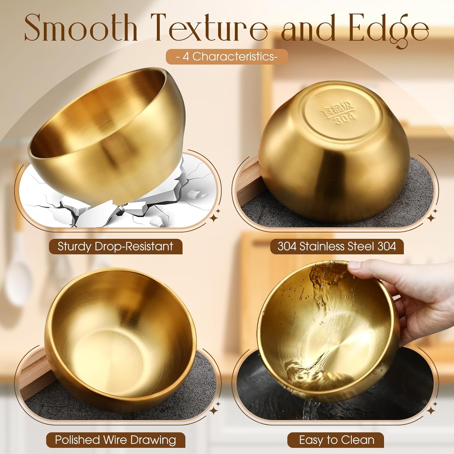 Lallisa 6 Pcs 20 oz 304 Stainless Steel Gold Serving Bowls 5.7" Double Walled Insulated Ice Cream Bowl gold mixing bowls for Rice, Dessert, Pasta, Fruit, Salad, Soup, Cereal, Snack, Dishwasher Safe