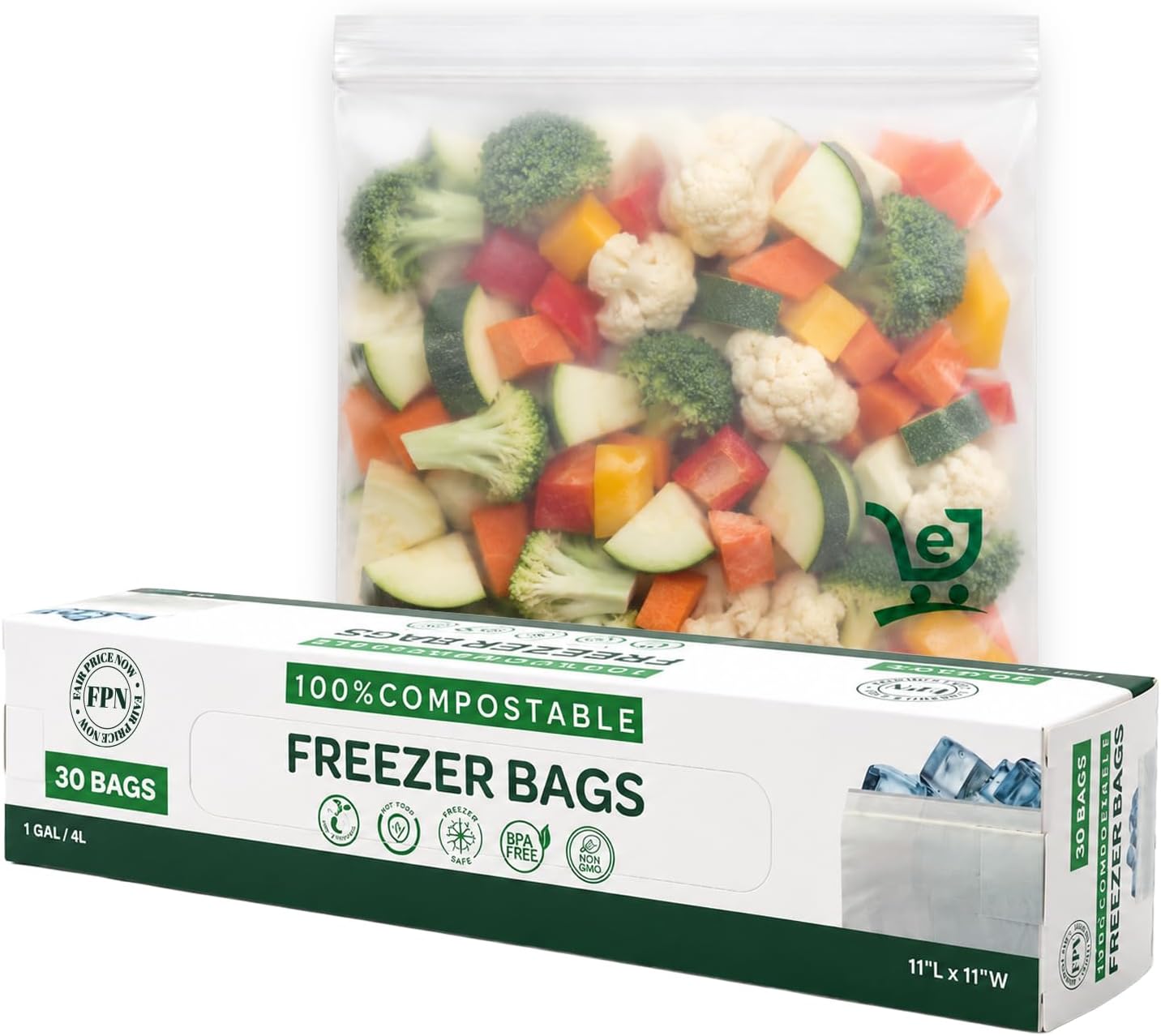 Freezer Zip Bags, 1-Gallon Pack 30 | Compostable | Keep Food Fresh Longer | Leak-Proof & Freezer-Safe | Plant-Based Storage Bags | Eco-Friendly Alternative to Plastic | Strong Resealable Seal