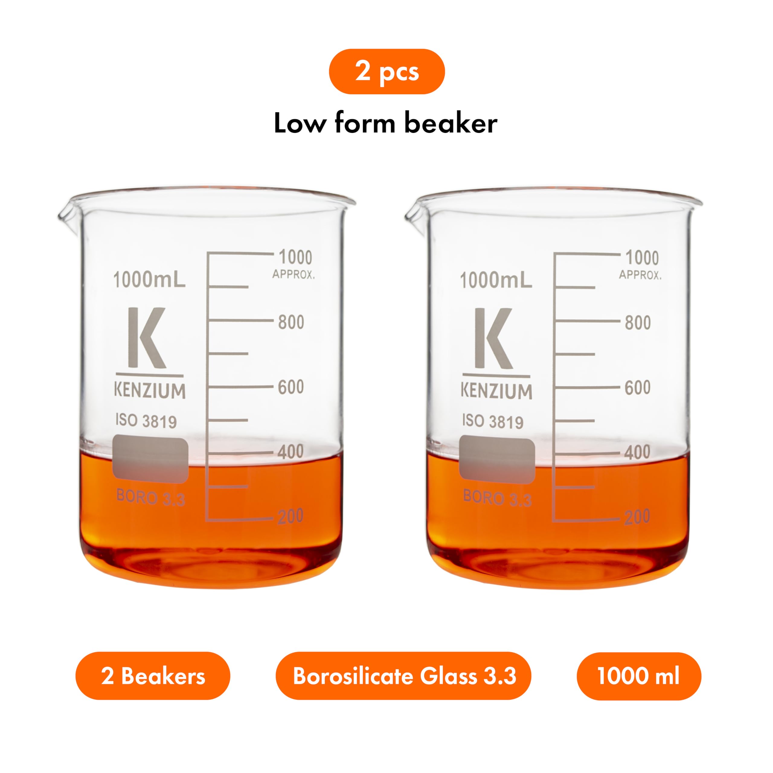 Confezione 2 x becher | Volume: 1000 ml (1L) | Vetro borosilicato 3.3 | Forma bassa | Graduato con beccuccio versatore | Per tutti i tipi di campioni | Alta Resistenza, Autoclavabile