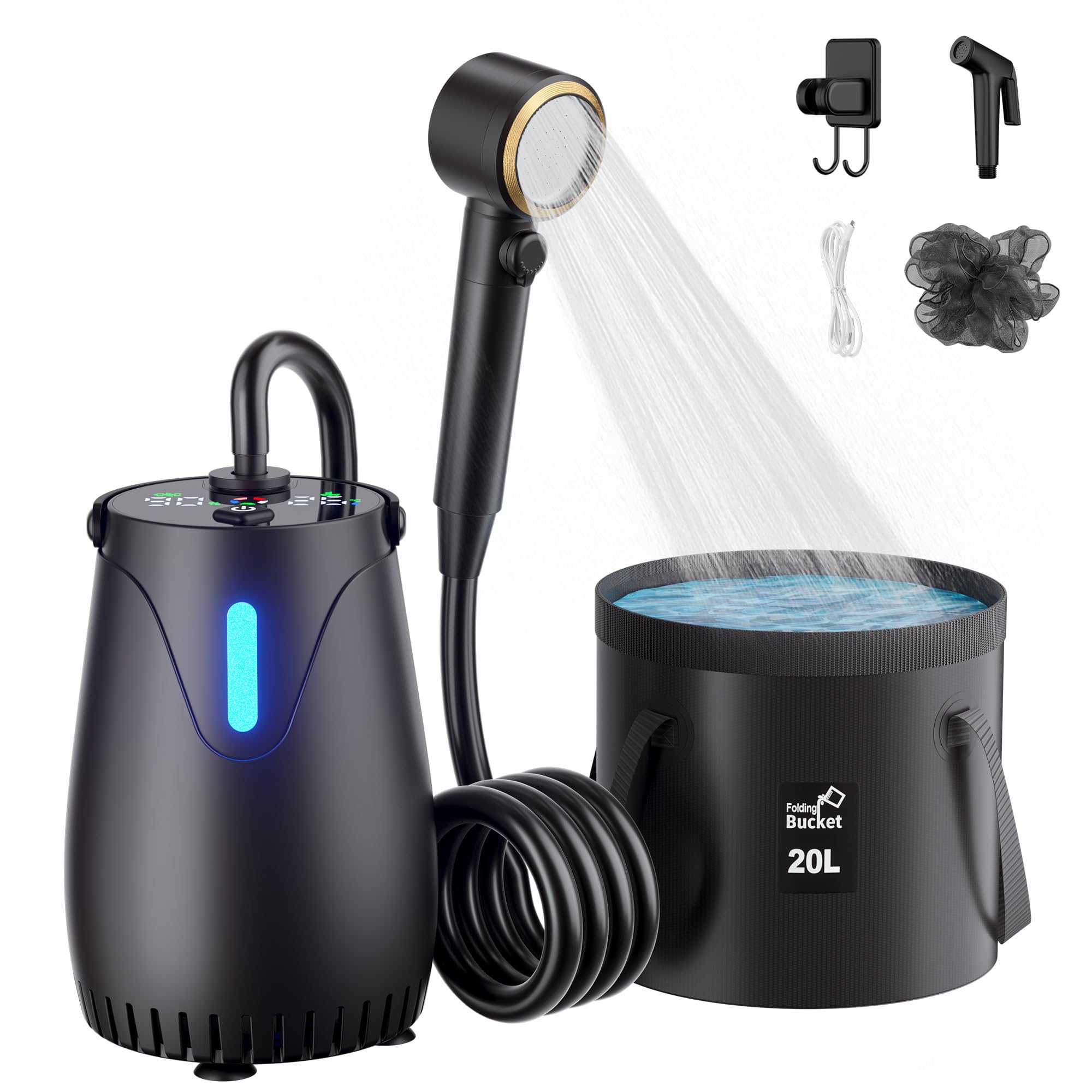COWISH Portable Camping Shower with 20L Collapsible Bucket & 8000mAh Rechargeable Shower Pump, IPX8 Waterproof, 5 LED Modes, 4 Spray Settings, Outdoor Shower Kit for Hiking, RV, Travel, Car, Pet
