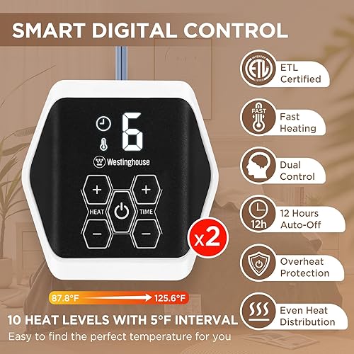 Miniatura 2 de Westinghouse Manta térmica eléctrica tamaño King, 10 niveles, apagado automático, calentamiento rápido, lavable a máquina (King, 100 x 90 pulgadas,