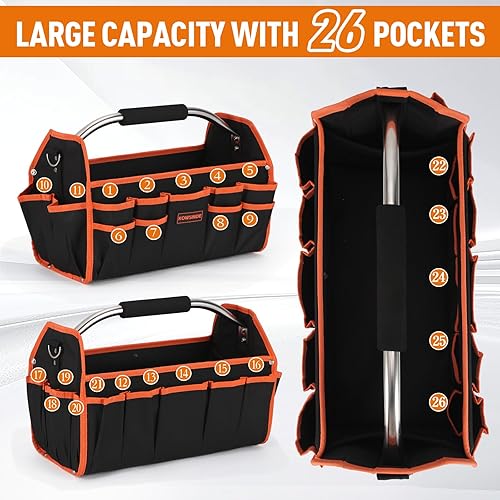 Miniatura 4 de Bolsa de herramientas de 18 pulgadas, bolsa de herramientas para electricista, bolsas de herramientas con parte superior abierta, 26 bolsillos que