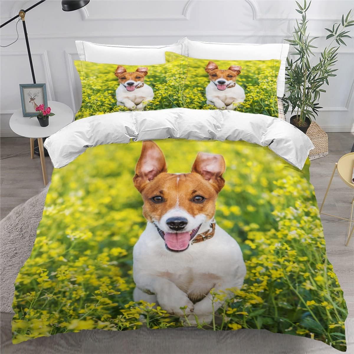MEVASA Jack Russell Terrier Bedding Set Microfiber Teen Bedding Cute Puppy 3D Bedding Set for Small Double 3Pcs Anti-Allergic Duvet Cover Set with Zipper /200x200