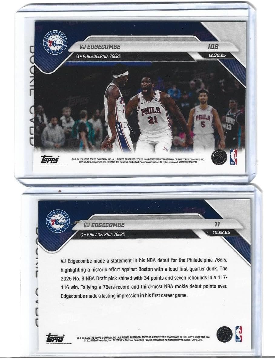 2025 VJ Edgecombe 76ers Basketball Rookie 2 Card Lot Celebrate His Historic 34-Point Game Debut Performance and His Clutch 3 Pointer To Win A Game! You Will Receive Both Cards Shown