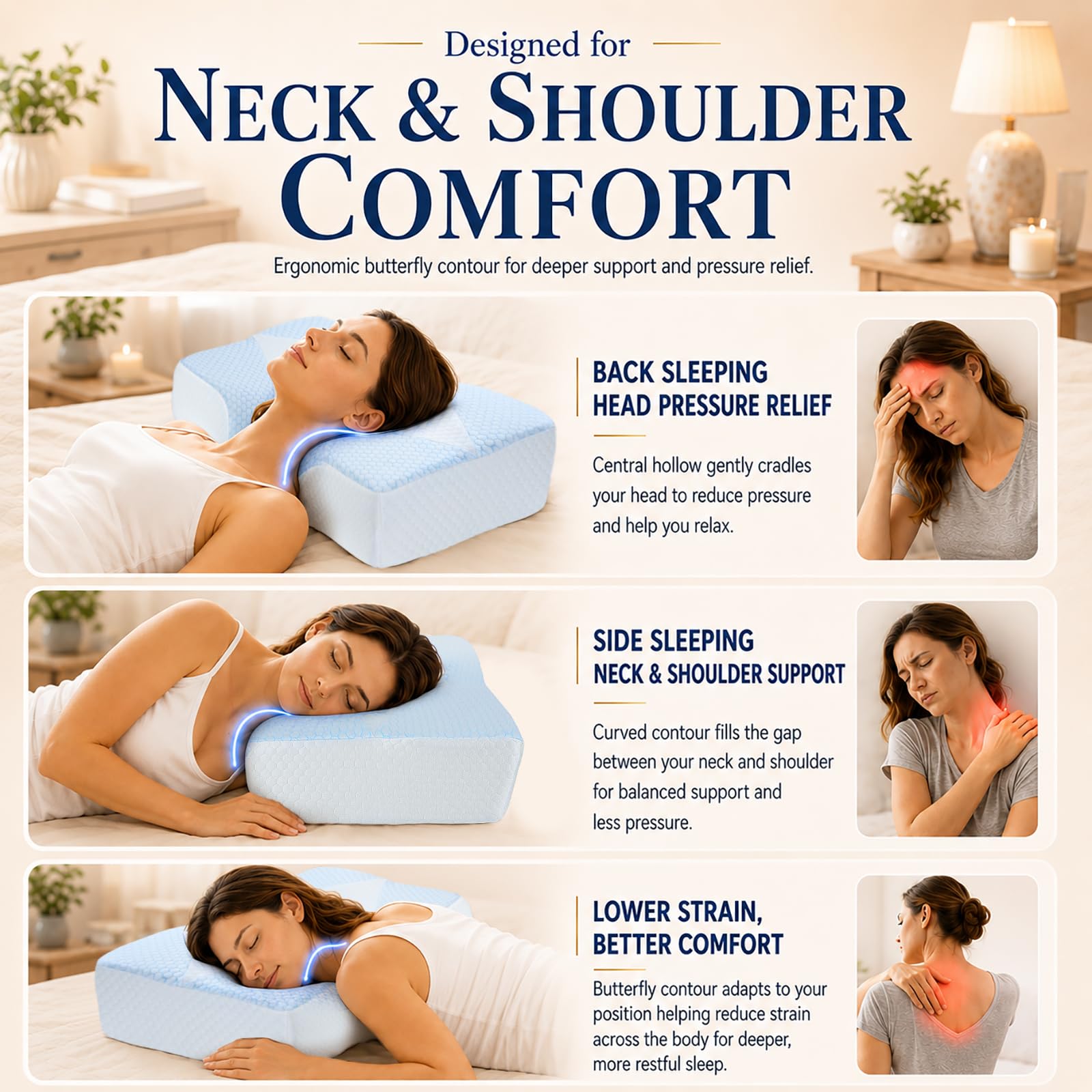 Hydomi Cuscino di supporto cervicale in memory foam per dolori al collo e alle spalle, con federa rinfrescante: cuscino ergonomico per cervicale, 5 x sollievo dal dolore, cuscini per letto sagomato