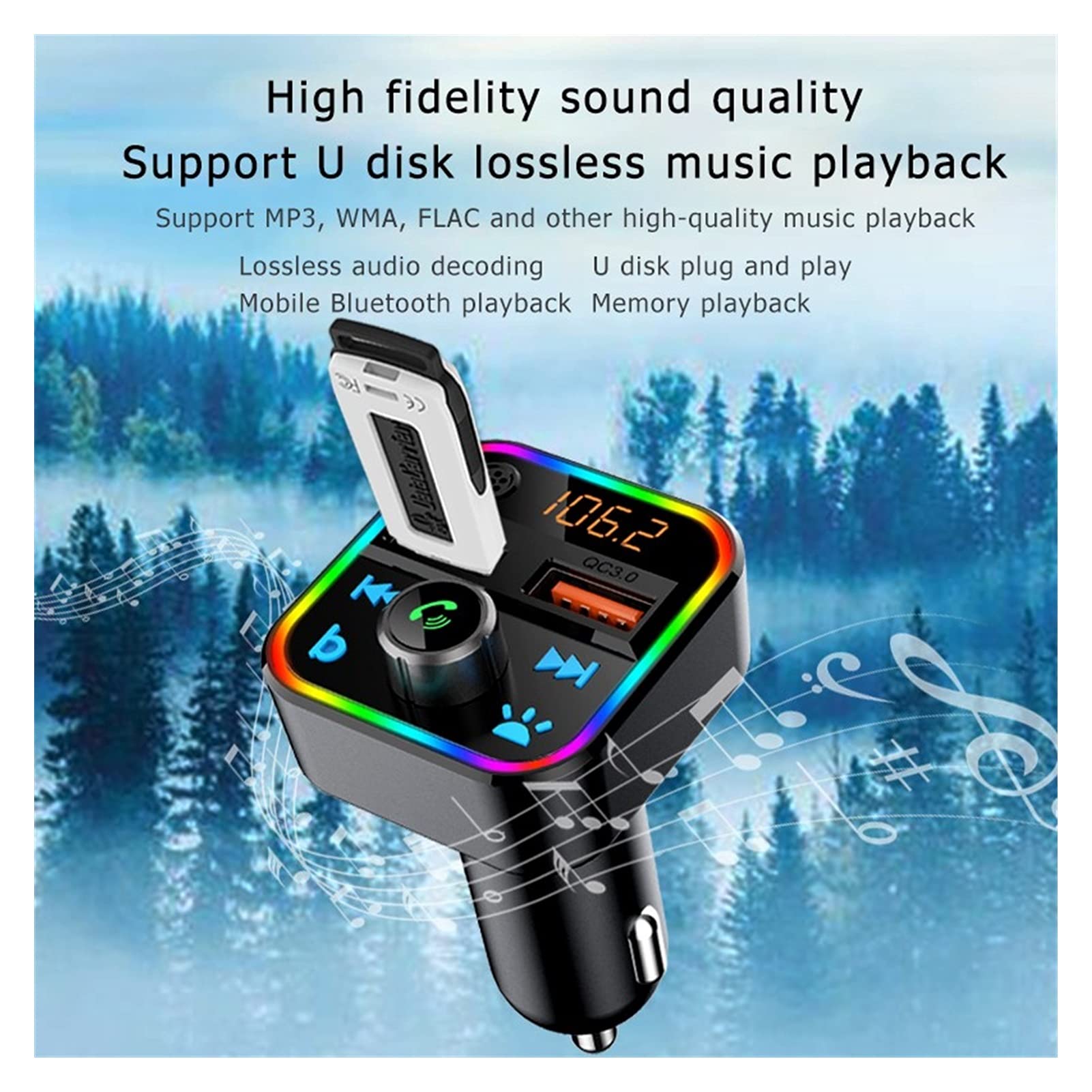 Adattatore Audio Bluetooth. FM. Trasmettitore AUX Modulatore Bluetooth Vivafree Kit Car Audio MP3. Giocatore con 2.4a Quick Chad Dual USB Caricabatteria for Auto