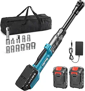Extended Cordless Electric Ratchet Wrench: 66 Ft-lbs Power Ratchet Wrench 3/8", Brushless Motor, Variable Speed Trigger, 2 Pack 21V Batteries & Charger, 8 Sockets, 1/4"& 1/2" Adapter, 3" Extension Bar