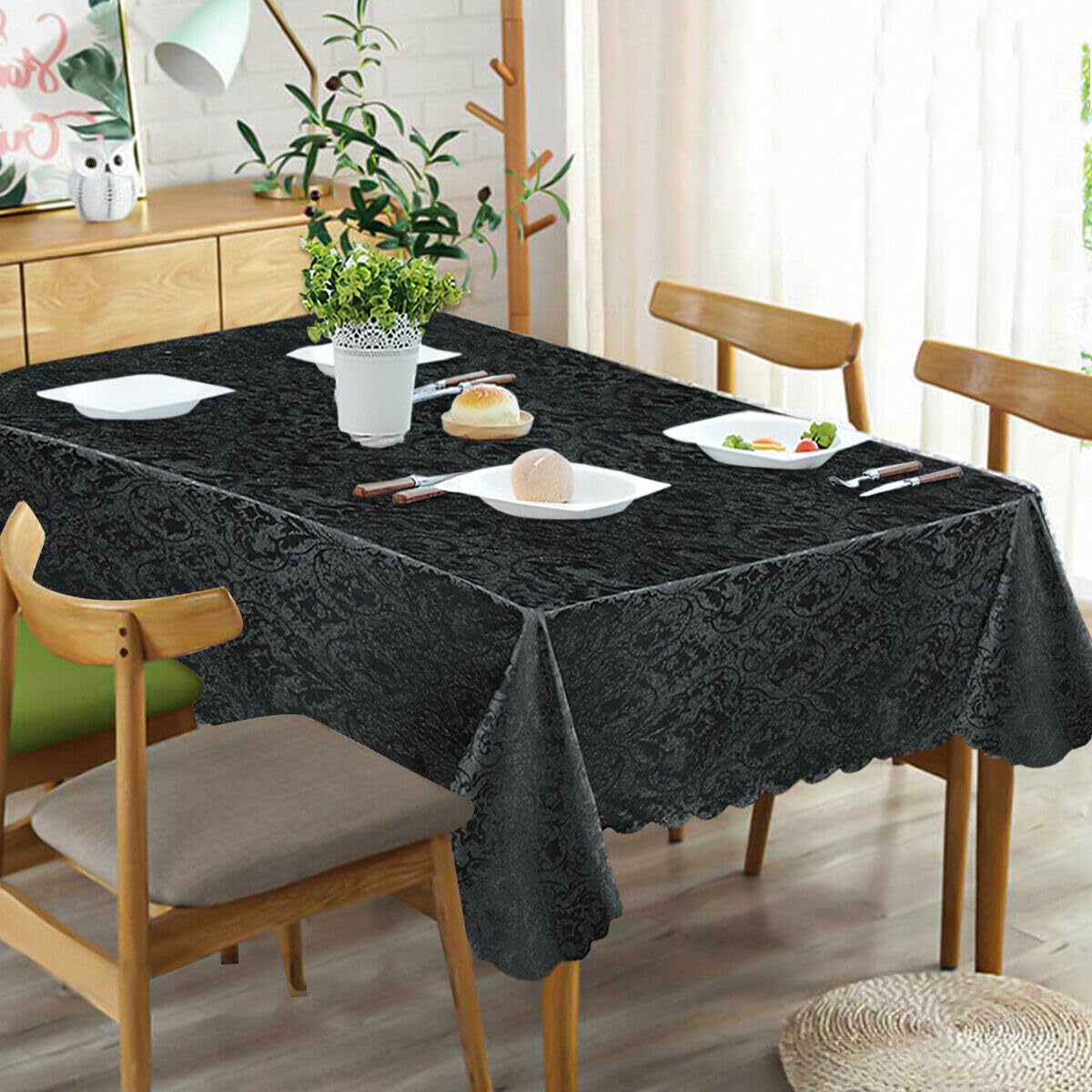 Home Decorative Classic Damask Printed Jacquard Tablecloth Washable Rectangle Round Runner Napkin Table Cover Cloth Protector for Kitchen Picnic (Black, 52" x 90" (132x108 cm))