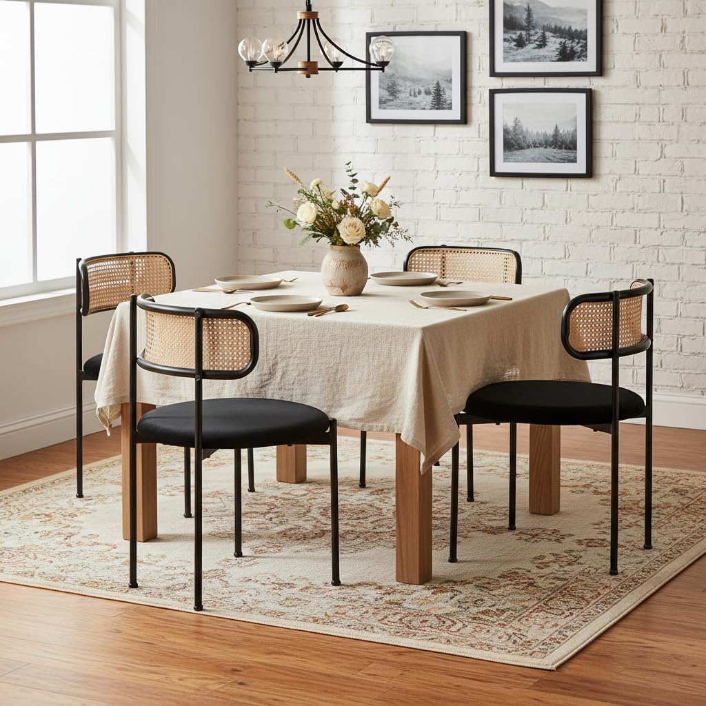 ModernLuxe Dining Chairs Set of 4, Modern Leisure Kitchen Chairs with Metal Support Legs, Rattan Style Armchairs with Velvet Upholstery for Living Room or Bedroom, Black