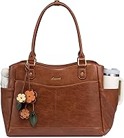 LOVEVOOK Women's Leather Vintage Laptop Tote Bag - Work Office Teacher Bag with Laptop Protection & Large Cup Holder