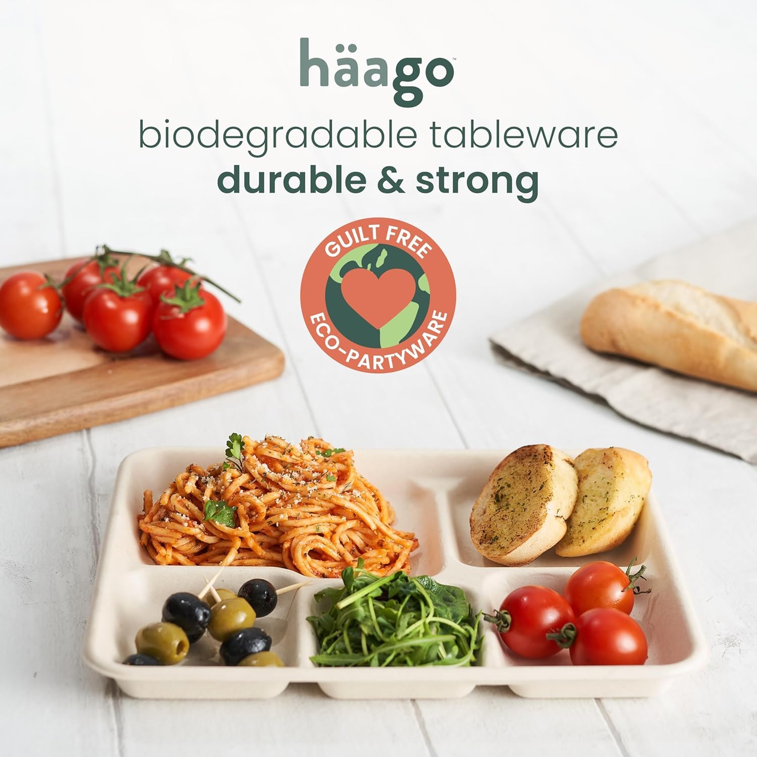 HAAGO 100 Assiettes Solides Compostables à 5 Compartiments 26×21cm – Plateaux Repas Rigides en Bagasse de Canne à Sucre, Anti-Graisse & Anti-Fuites – Pour Chaud & Froid, Fêtes, Pique-nique, Traiteur