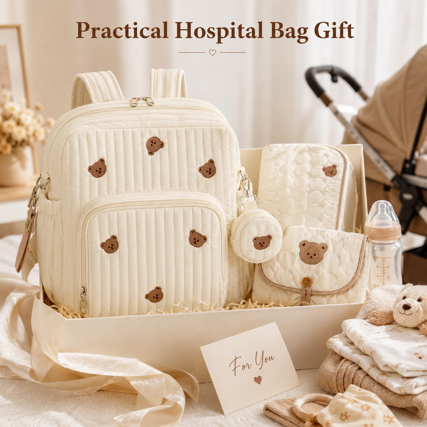 Borsa da ospedale per bambini, grande capacità, borsa per cambio maternità con ricamo, motivo orso, borsa per pannolini carina per viaggi, soggiorni ospedalieri, uso carrozzina e assistenza