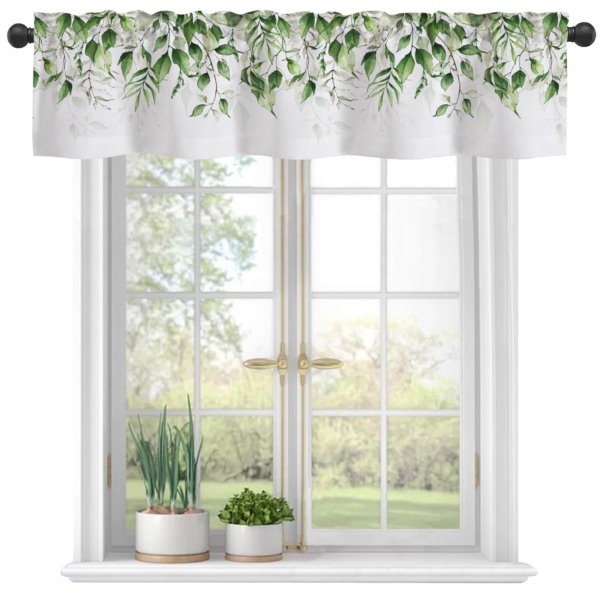 Valances Curtains for Windows, Green Branches and Leaves Semi Sheer Curtain Valances,Rod Pocket Short Window Treatment Light Filtering Decor Valances for Kitchen Living Room Bedroom Windows - 42"x12"