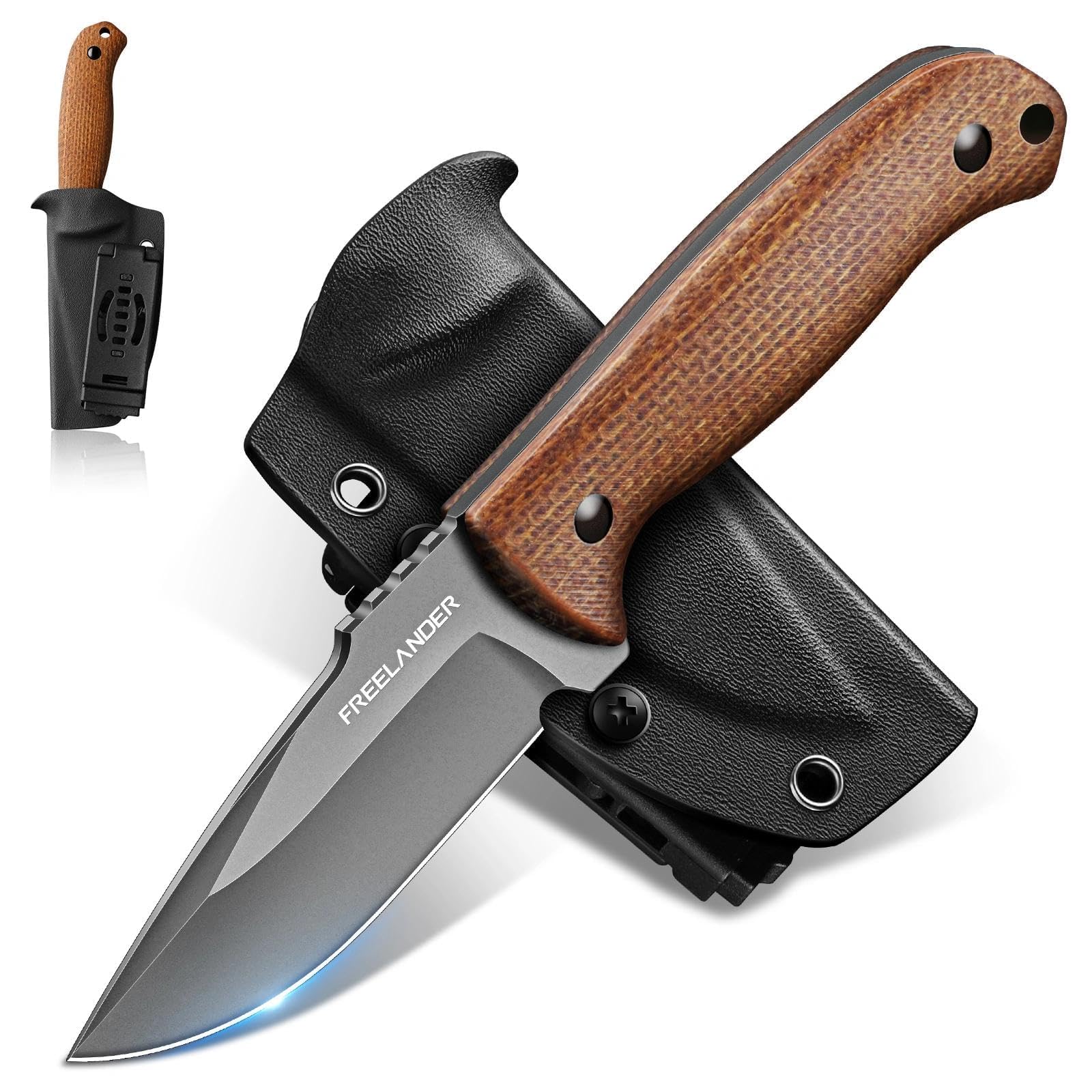Freelander Fixed Blade Knife with Kydex Sheath, D2 Steel Hunting Knife