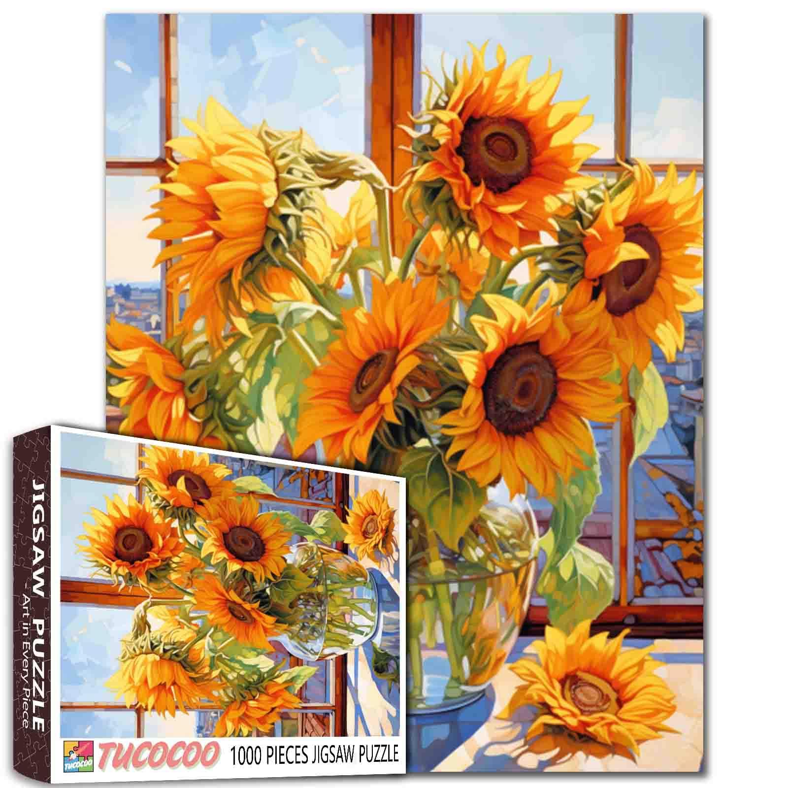 Sunflowers in Glass Vase Jigsaw Puzzle， Flowers 1000 Pieces Jigsaw Puzzles for Adults，27 x 20 Inches Puzzles for Families，HD Quality Abstract Floral Landscape Photo Puzzle Gift，Game Nights