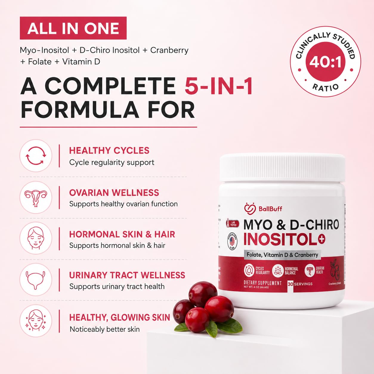 Myo Inositol & D-Chiro Inositol with Folate, Vitamin D & Cranberry — Amazon image 2
