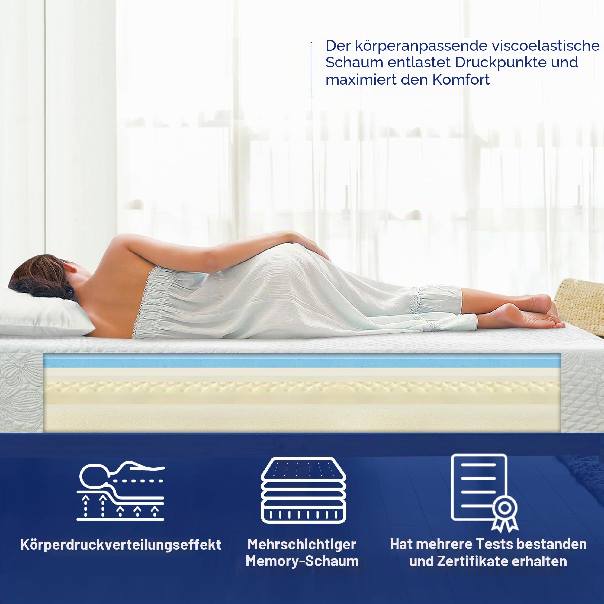 Olee sleep 20cm Memory Foam Matratze / Kaltgelschaum / Öko-Tex / CertiPUR-US / Komfortable Matratze / Rollmatratze / 3 Schichten / 140 x 200cm / Full / Weiß